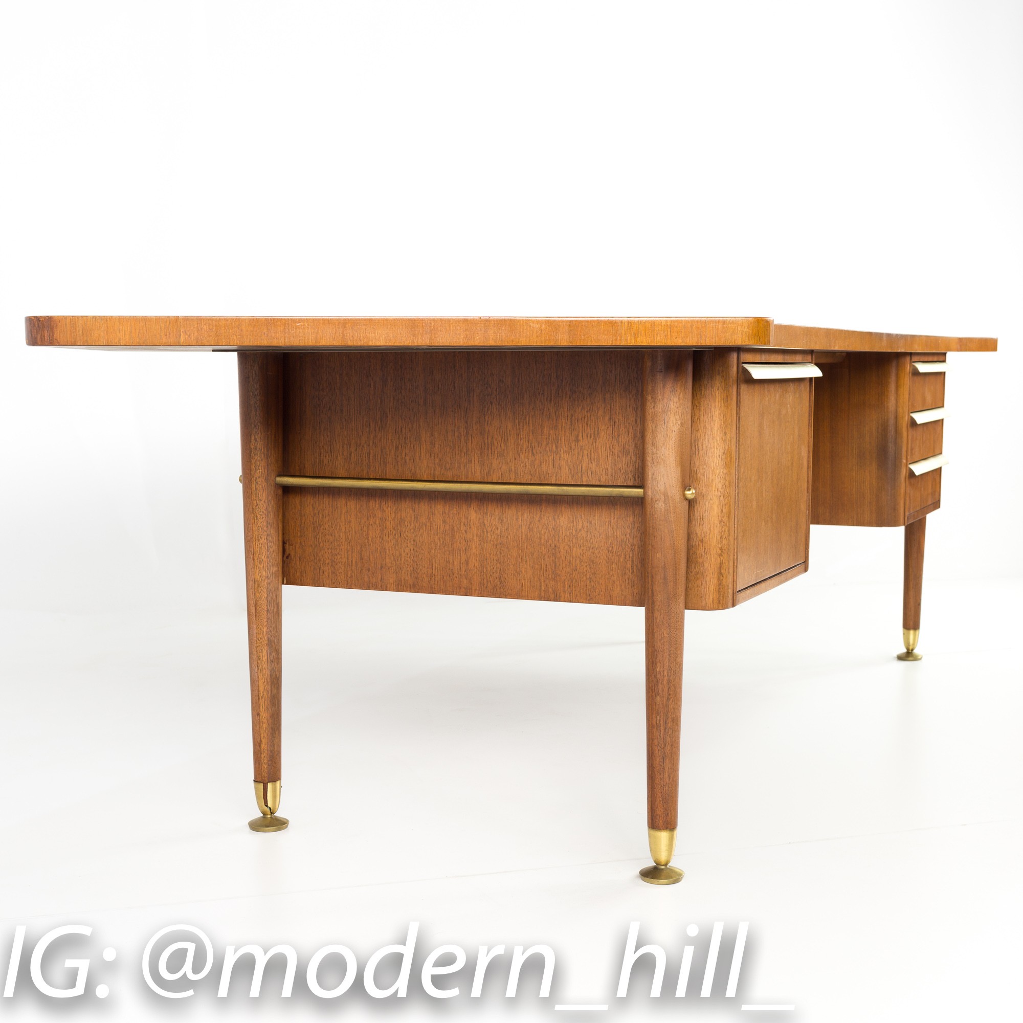 Stowe and Davis Walnut and Brass Mid Century Executive Desk