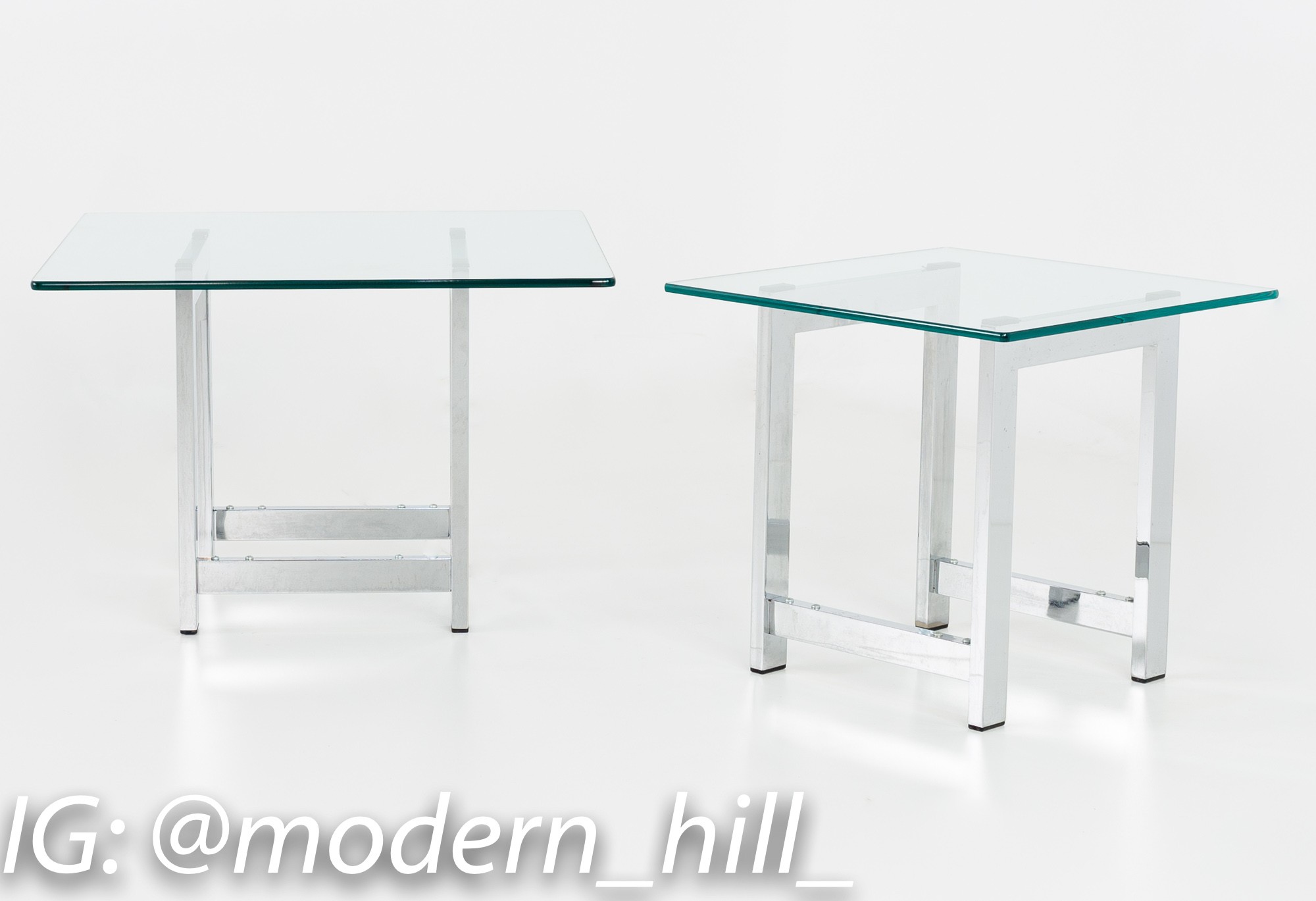 Milo Baughman Style Mid Century Chrome and Glass Side End Tables - Pair
