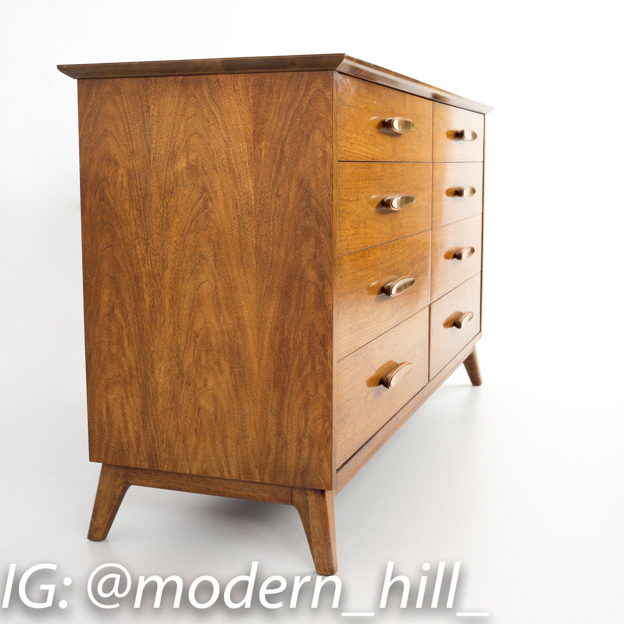Henredon Mid Century Walnut and Brass 8 Drawer Lowboy Dresser