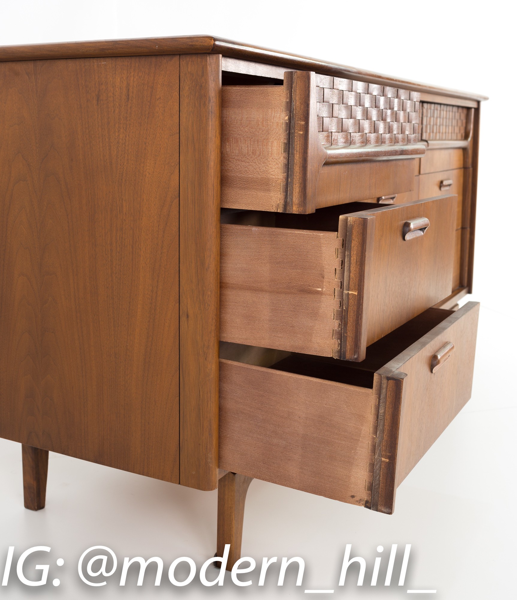 Lane Danish Perception Style Mid Century Walnut and Travertine 9 Drawer Lowboy Dresser