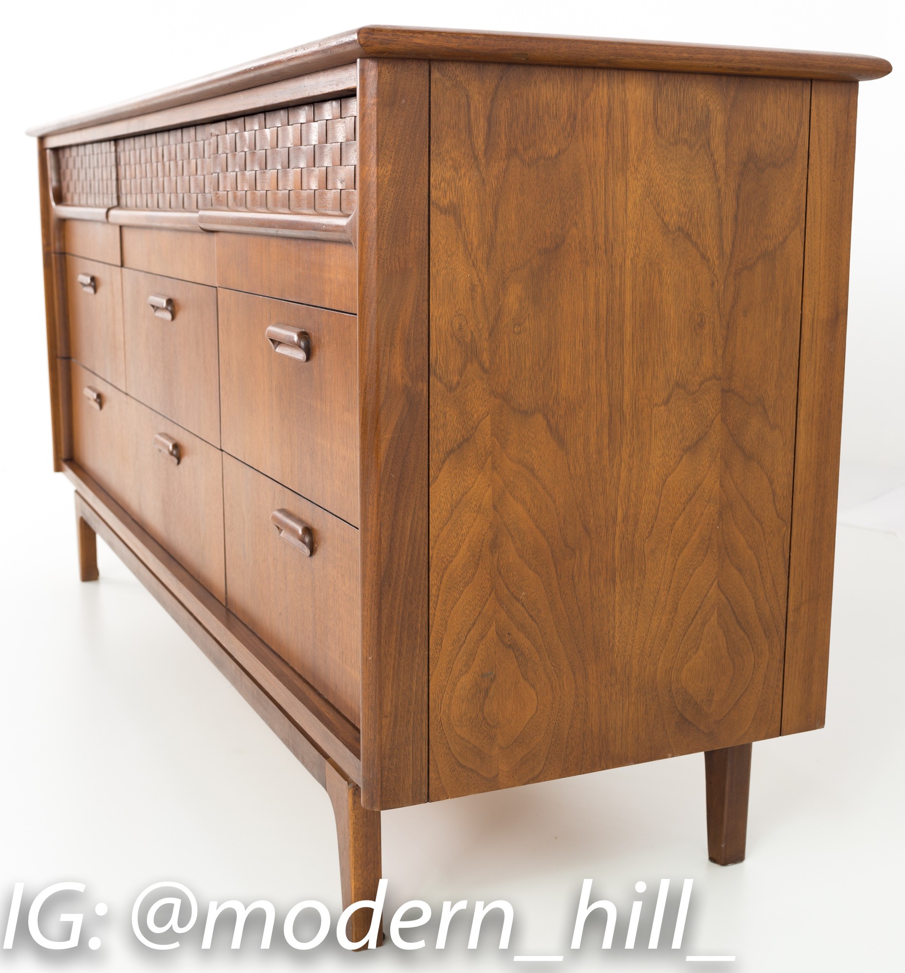 Lane Danish Perception Style Mid Century Walnut and Travertine 9 Drawer Lowboy Dresser