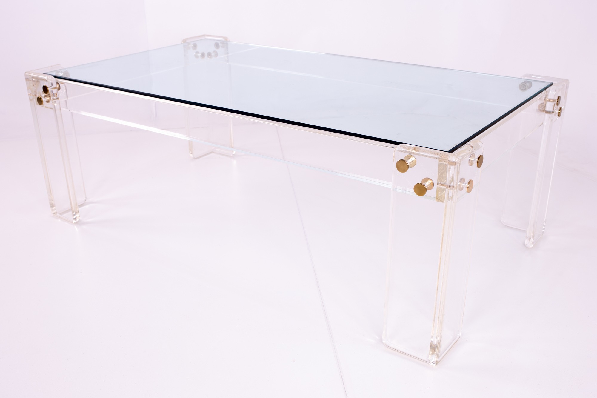 Charles Hollis Jones Style Mid Century Lucite, Brass, and Glass Coffee Table