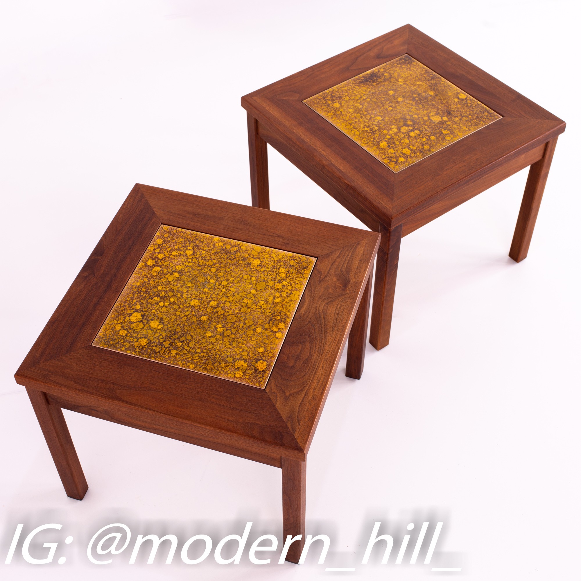 John Keal for Brown Saltman Walnut and Copper Tile 4 Piece Mid Century Coffee Side End Table