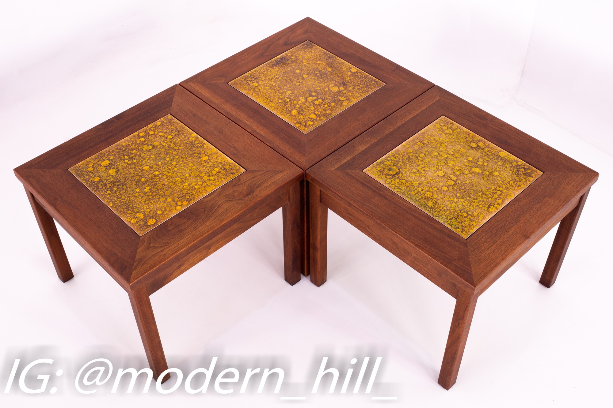 John Keal for Brown Saltman Walnut and Copper Tile 4 Piece Mid Century Coffee Side End Table