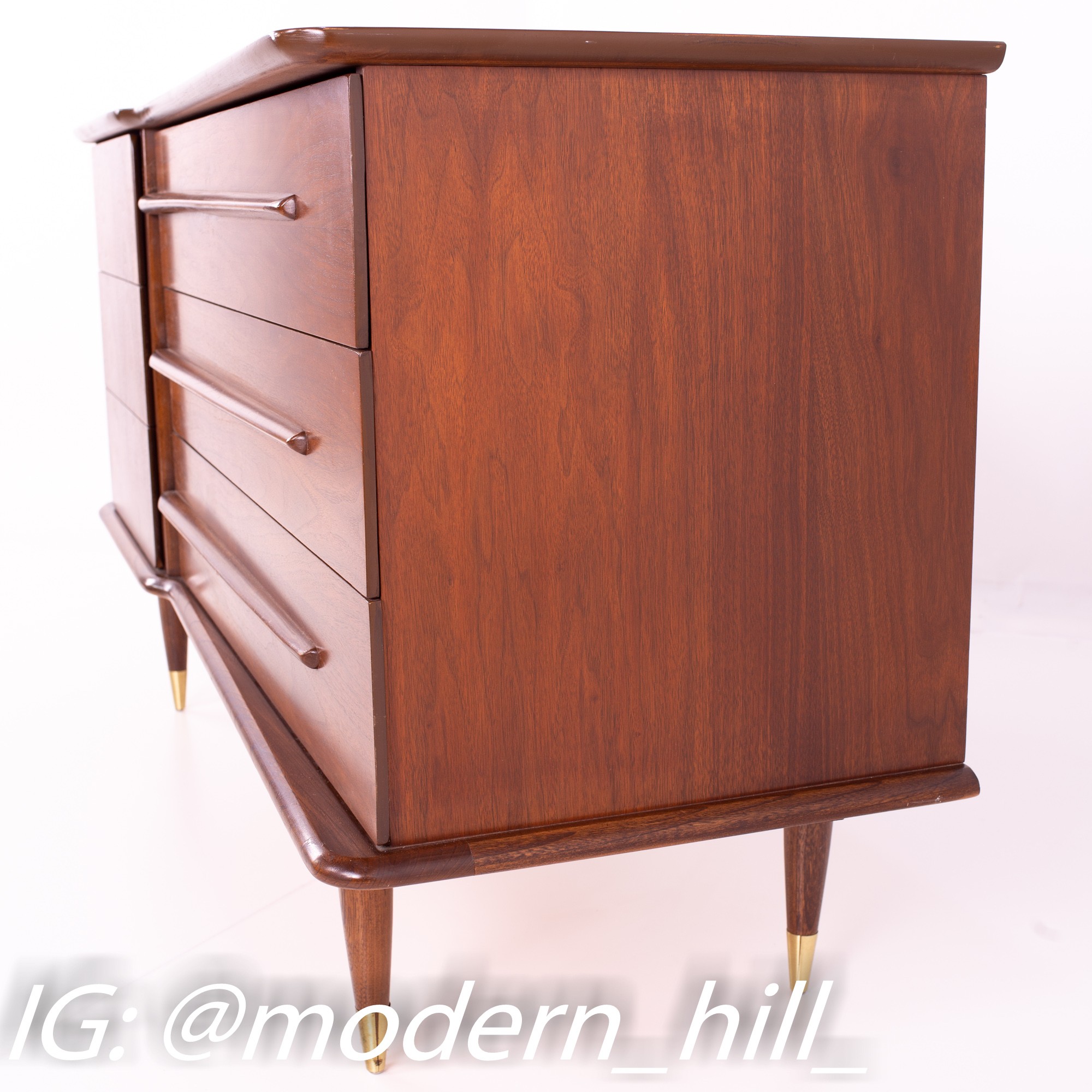 United Mid Century Walnut and Brass 6 Drawer Lowboy Dresser