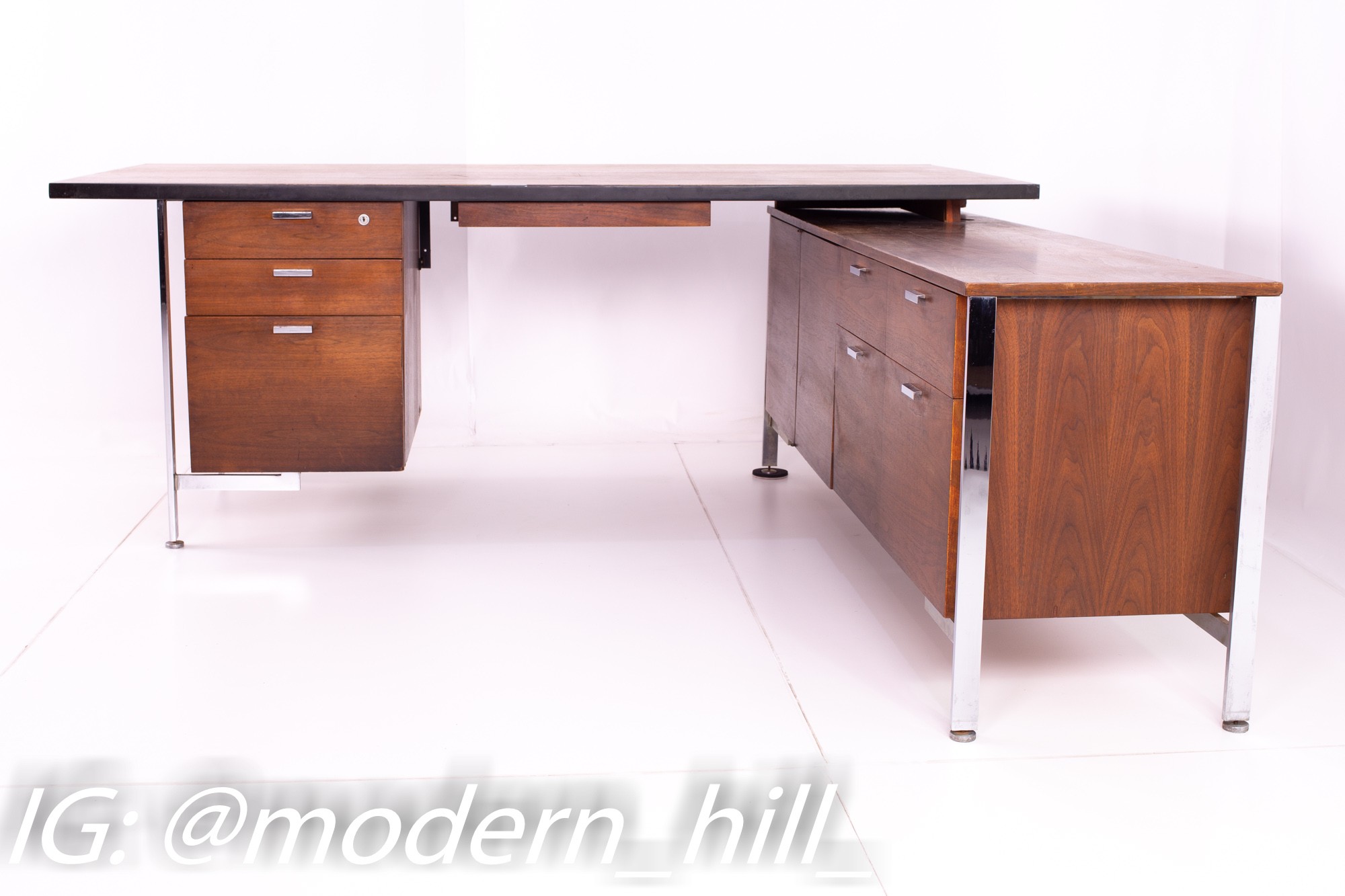 George Nelson Style Robert John Mid Century Chrome and Walnut Executive Corner Desk