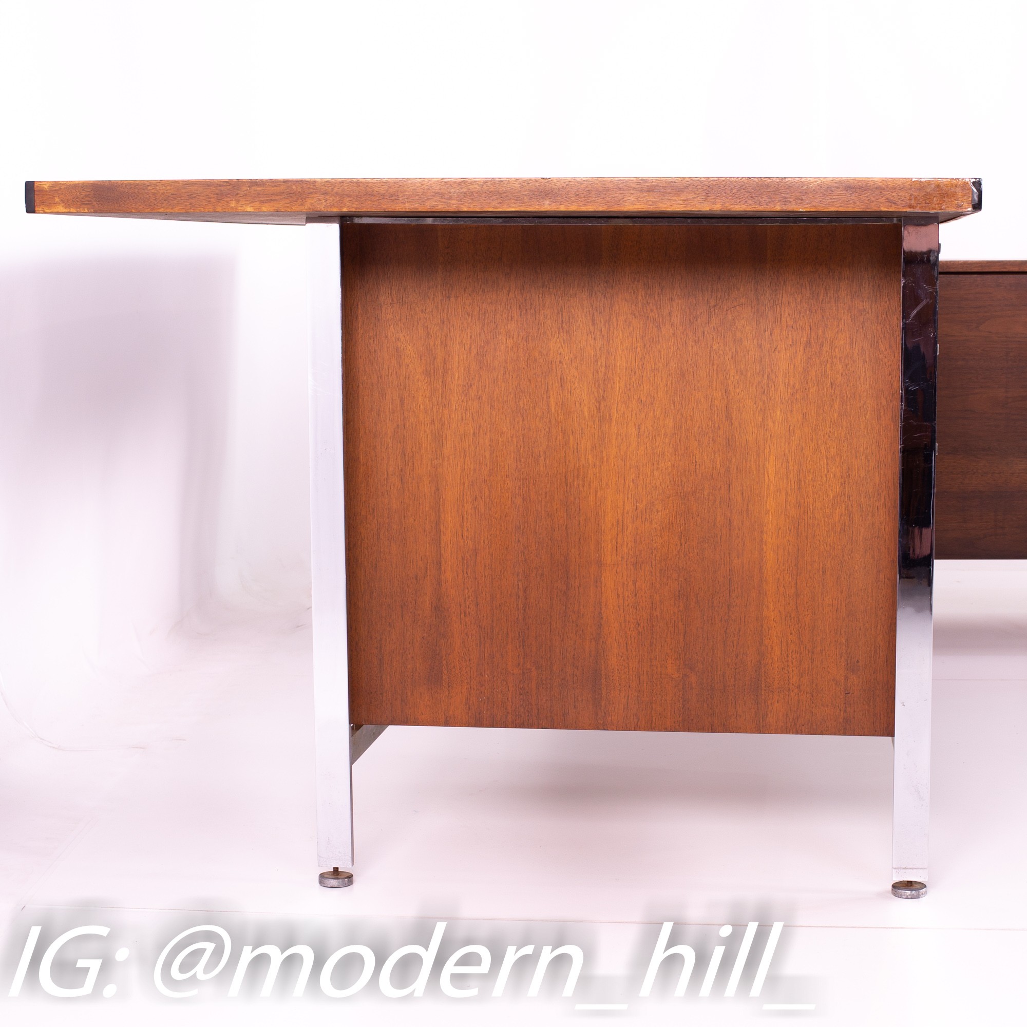 George Nelson Style Robert John Mid Century Chrome and Walnut Executive Corner Desk