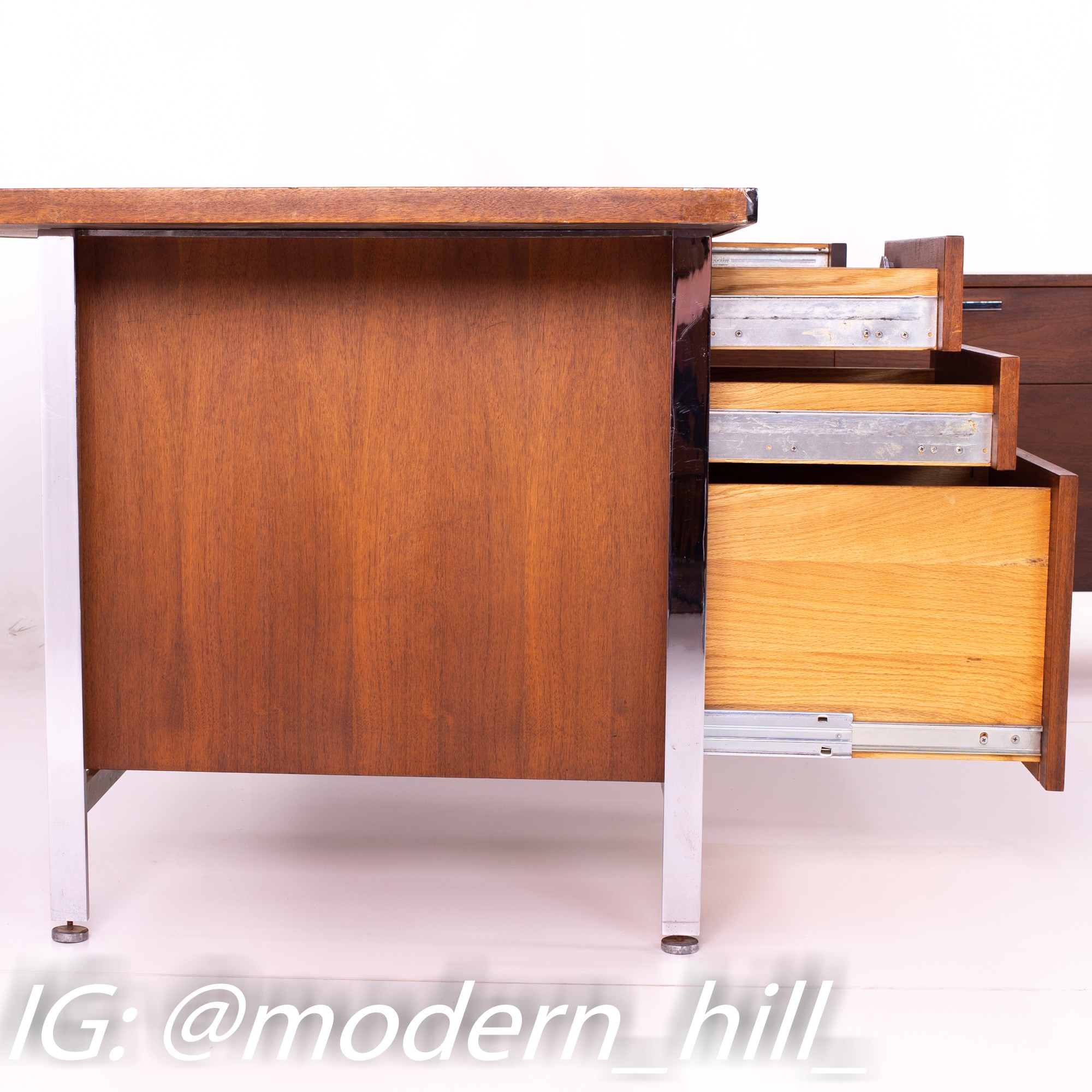 George Nelson Style Robert John Mid Century Chrome and Walnut Executive Corner Desk