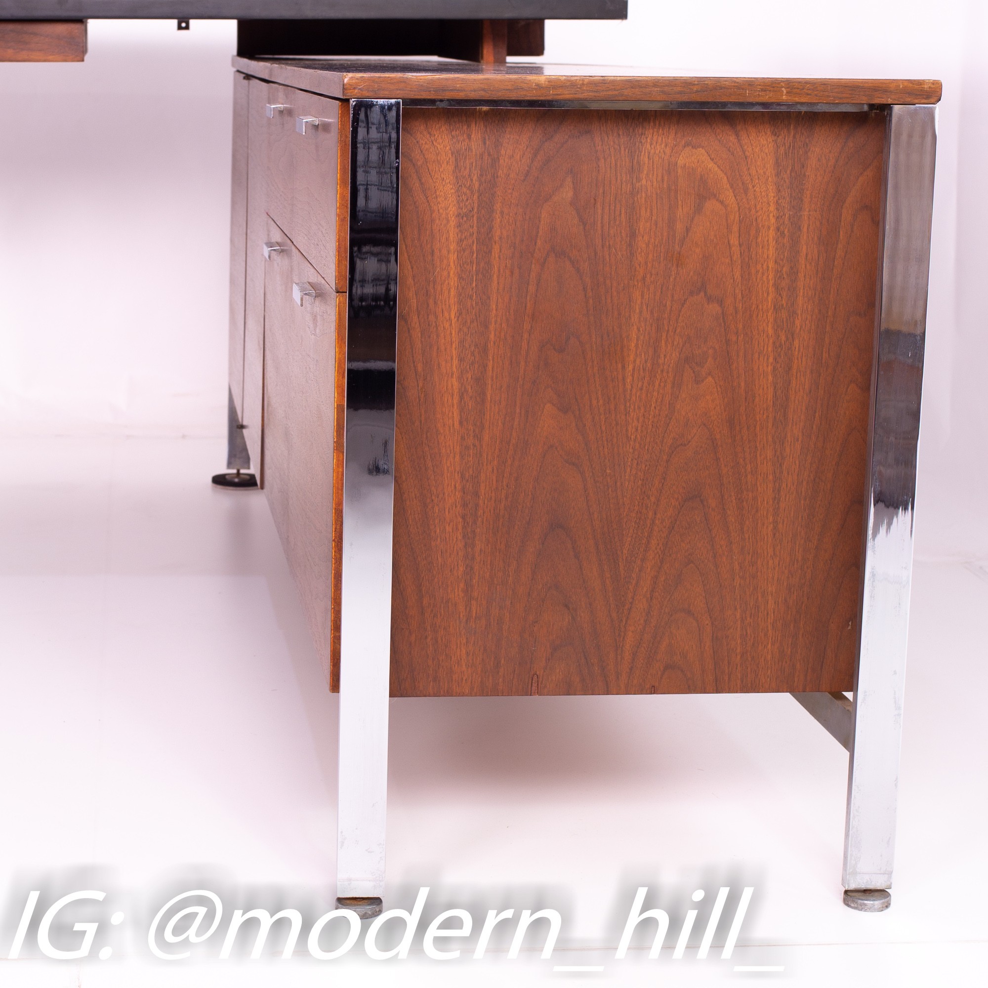 George Nelson Style Robert John Mid Century Chrome and Walnut Executive Corner Desk