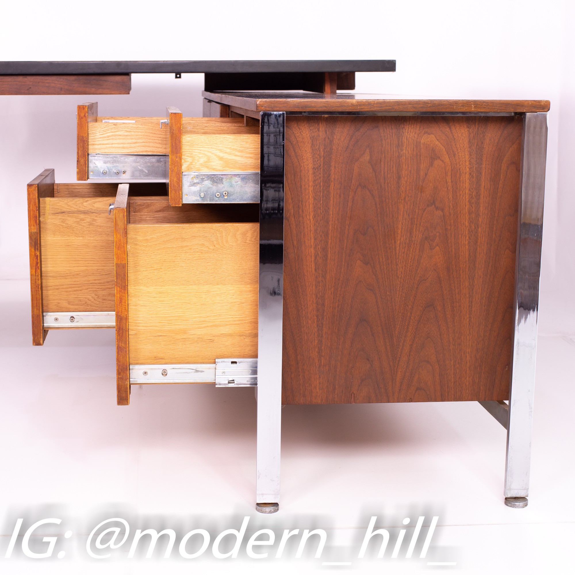 George Nelson Style Robert John Mid Century Chrome and Walnut Executive Corner Desk