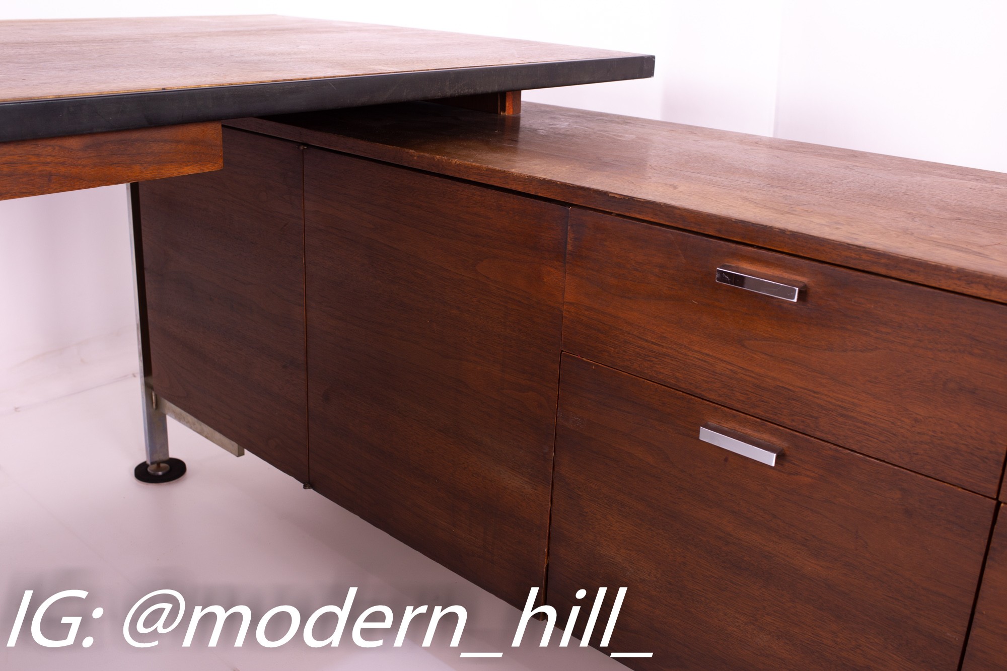 George Nelson Style Robert John Mid Century Chrome and Walnut Executive Corner Desk