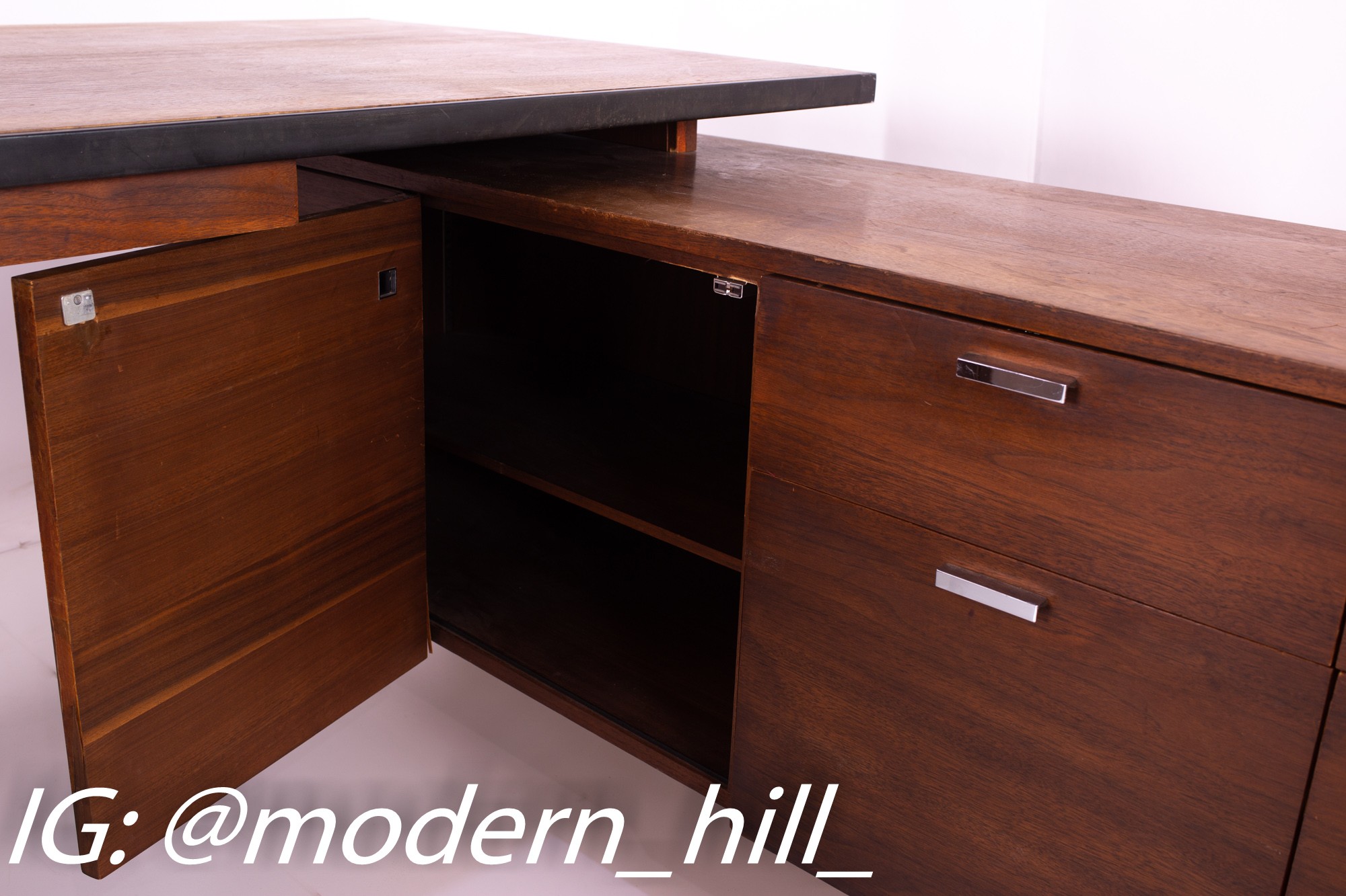 George Nelson Style Robert John Mid Century Chrome and Walnut Executive Corner Desk