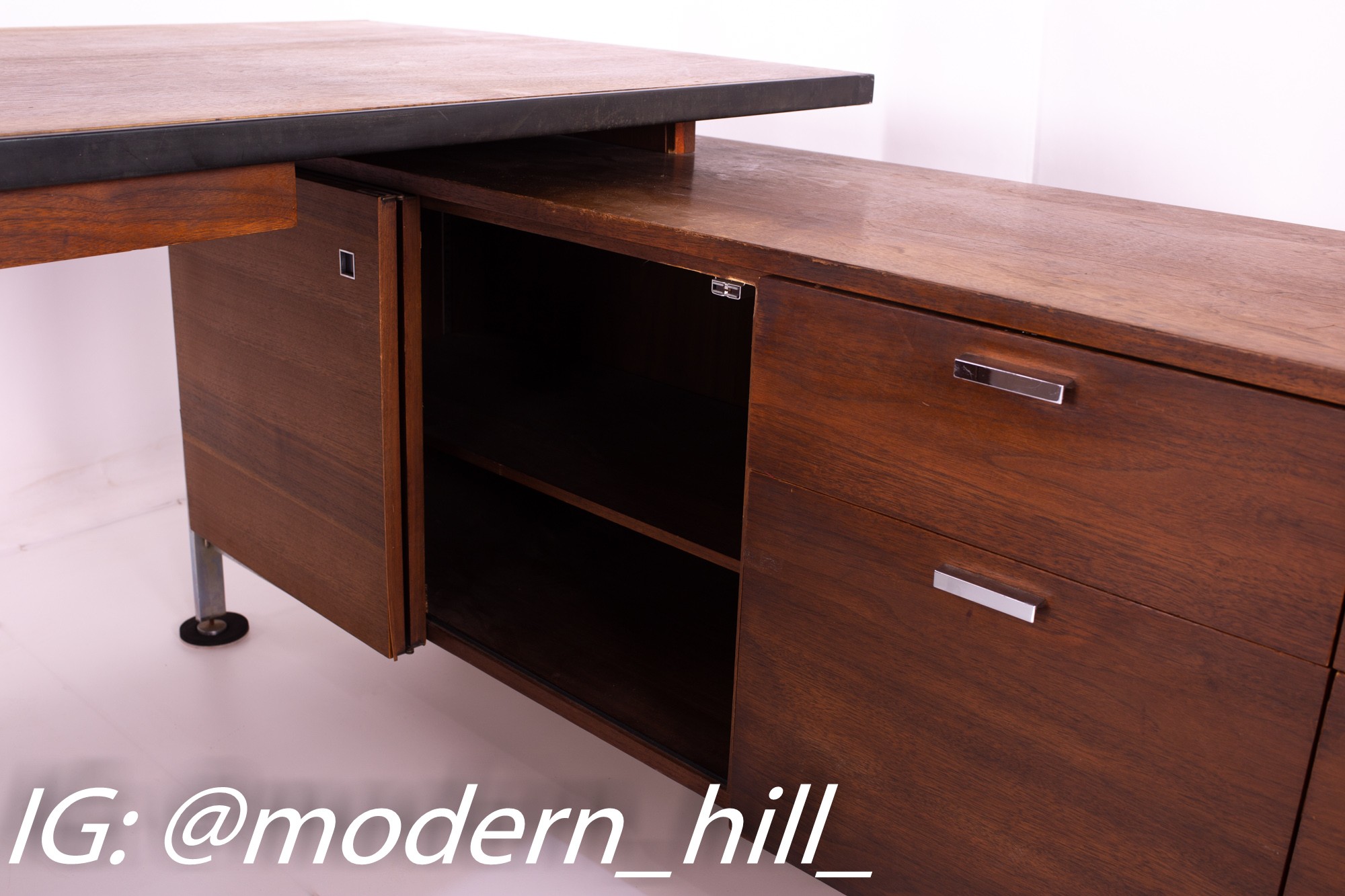 George Nelson Style Robert John Mid Century Chrome and Walnut Executive Corner Desk