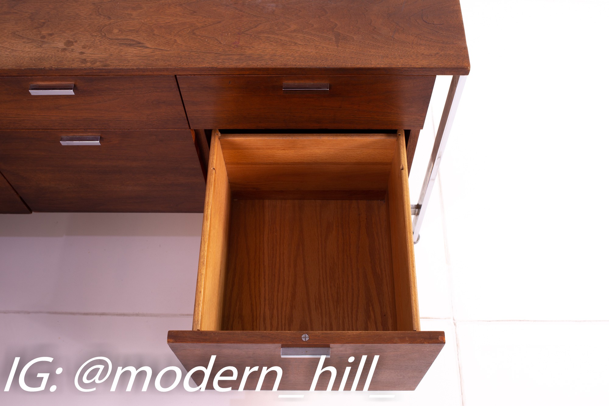 George Nelson Style Robert John Mid Century Chrome and Walnut Executive Corner Desk