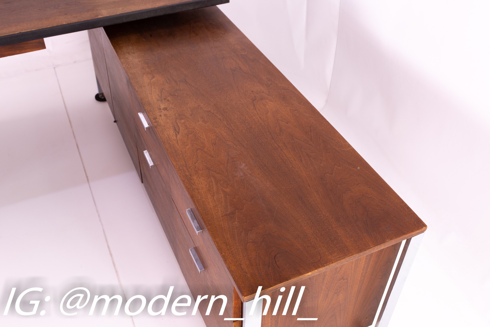 George Nelson Style Robert John Mid Century Chrome and Walnut Executive Corner Desk