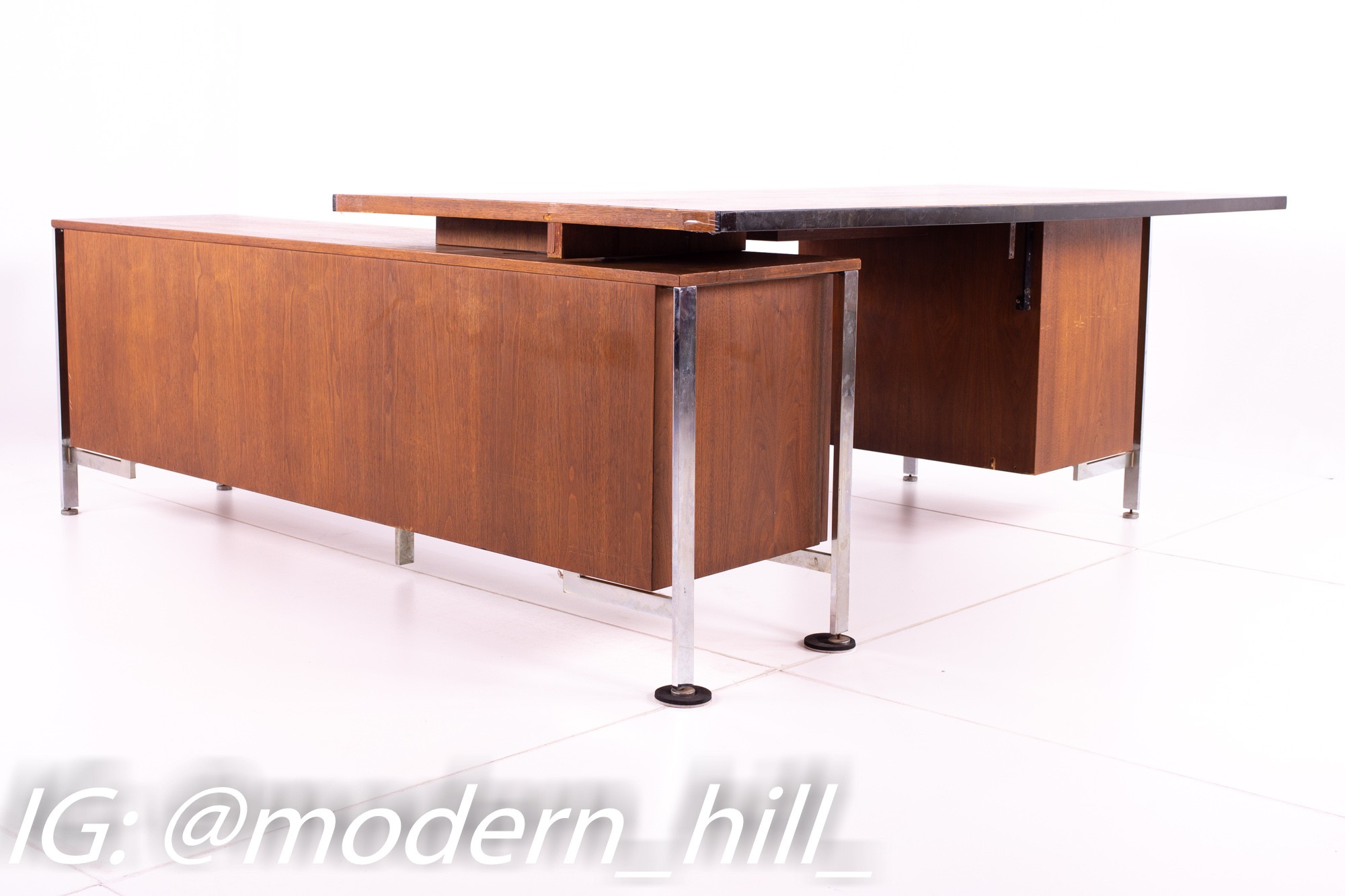George Nelson Style Robert John Mid Century Chrome and Walnut Executive Corner Desk