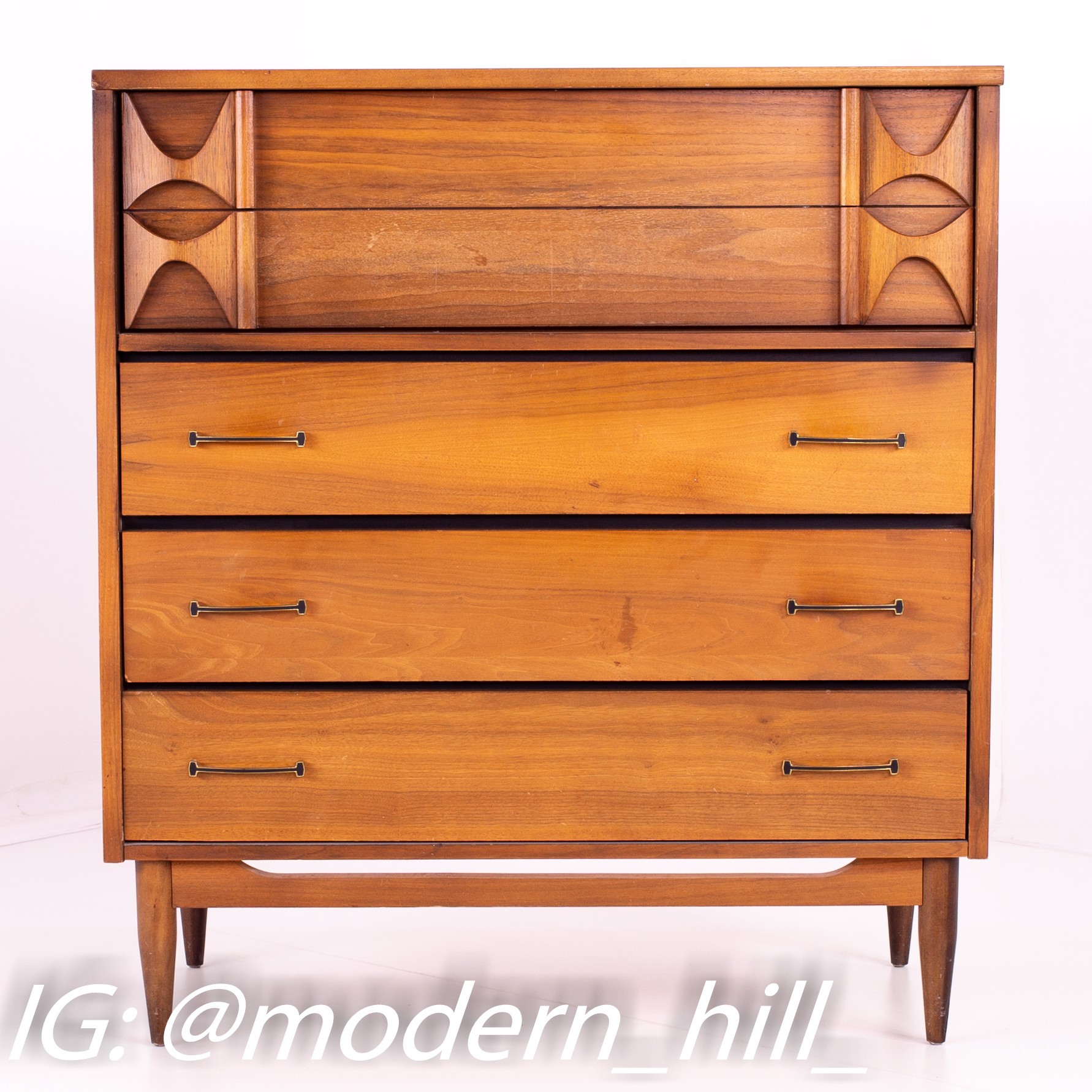 Restored Brasilia Style Mid Century Brass and Walnut 4 Drawer Highboy Dresser
