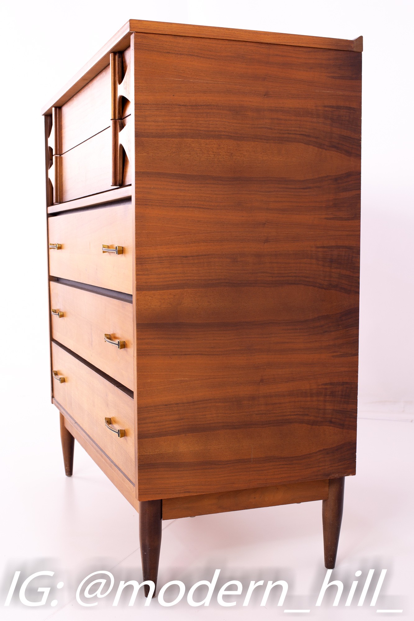 Restored Brasilia Style Mid Century Brass and Walnut 4 Drawer Highboy Dresser