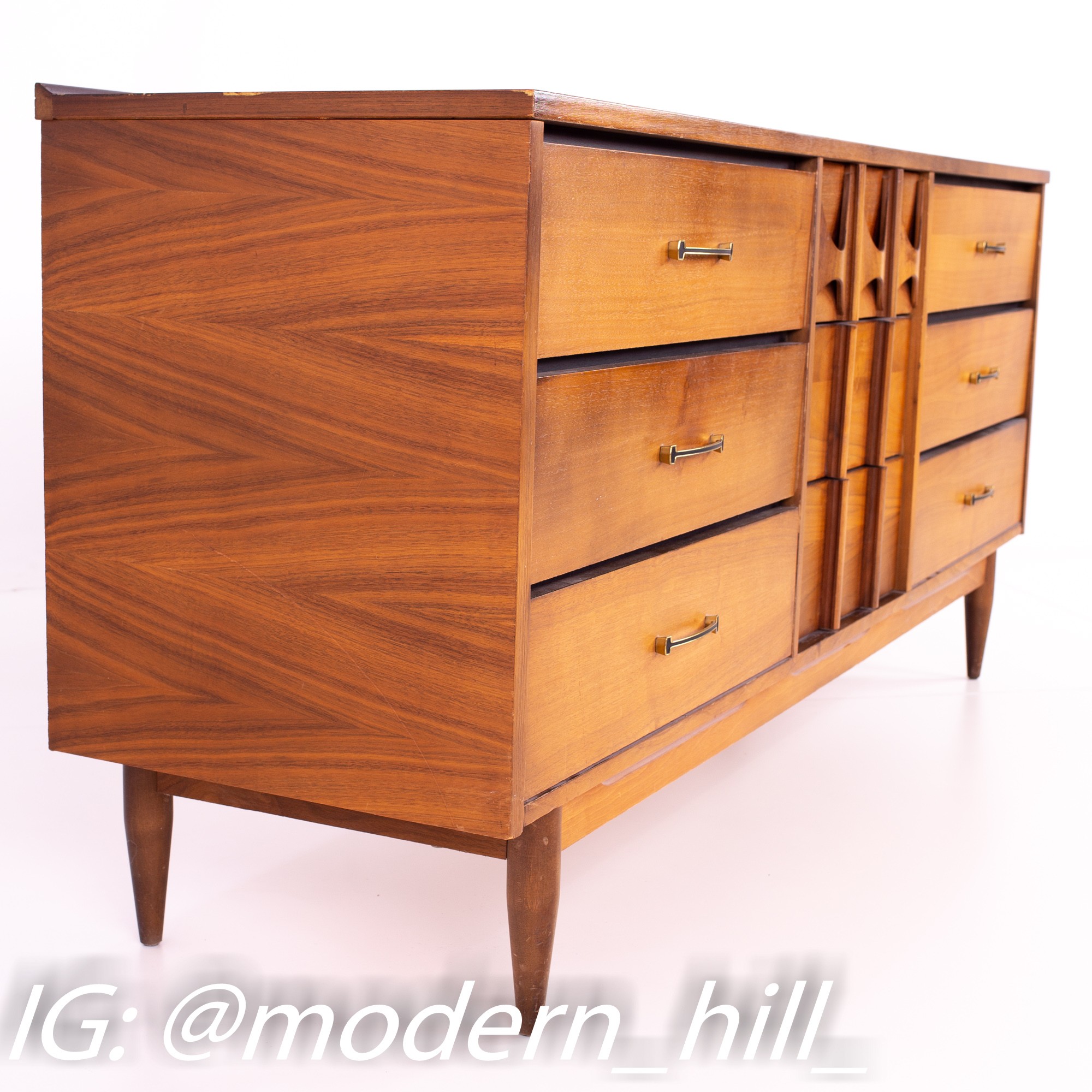 Kent Coffey Perspecta Style Mid Century Walnut and Brass 9 Drawer Lowboy Dresser