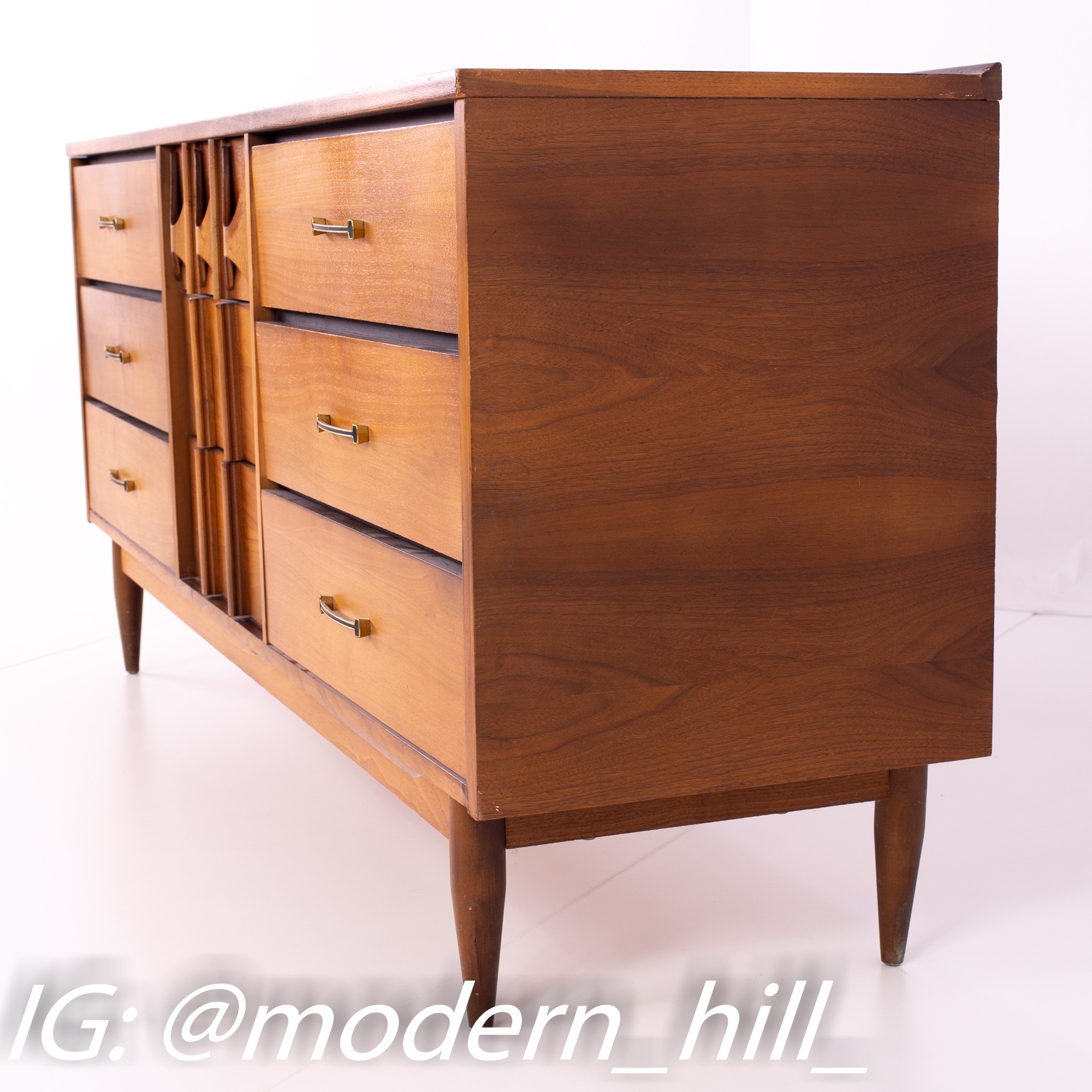 Kent Coffey Perspecta Style Mid Century Walnut and Brass 9 Drawer Lowboy Dresser