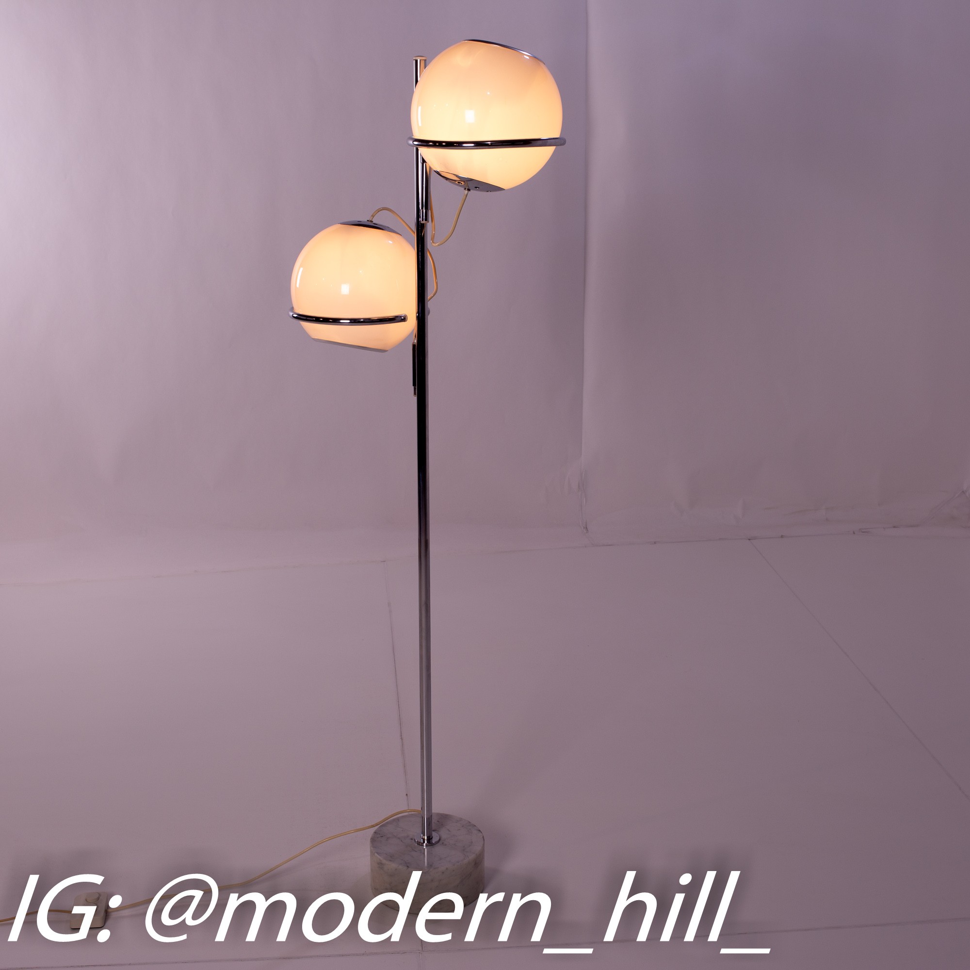 Reggiani Italian Mid Century Chrome, Marble, and Glass Two Orb Adjustable Floor Lamp