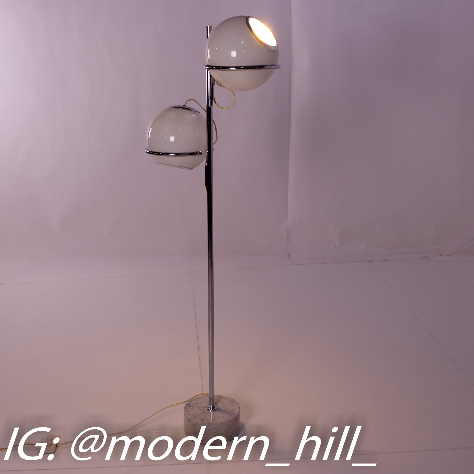 Reggiani Italian Mid Century Chrome, Marble, and Glass Two Orb Adjustable Floor Lamp