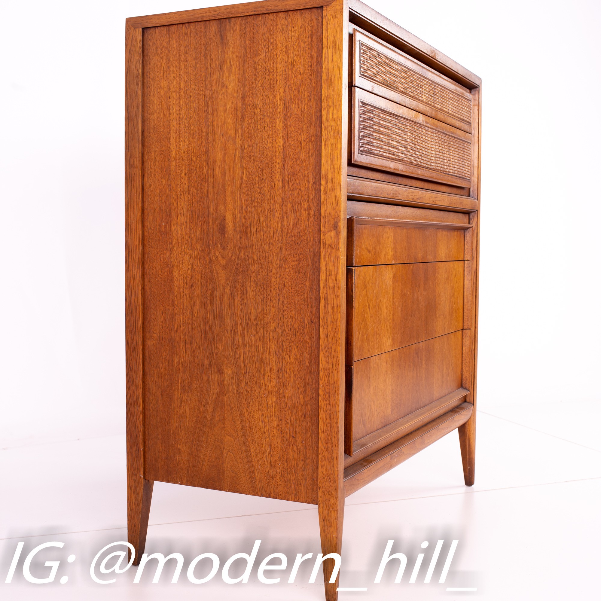 Century Furniture Mid Century Walnut and Cane 5 Drawer Highboy Dresser