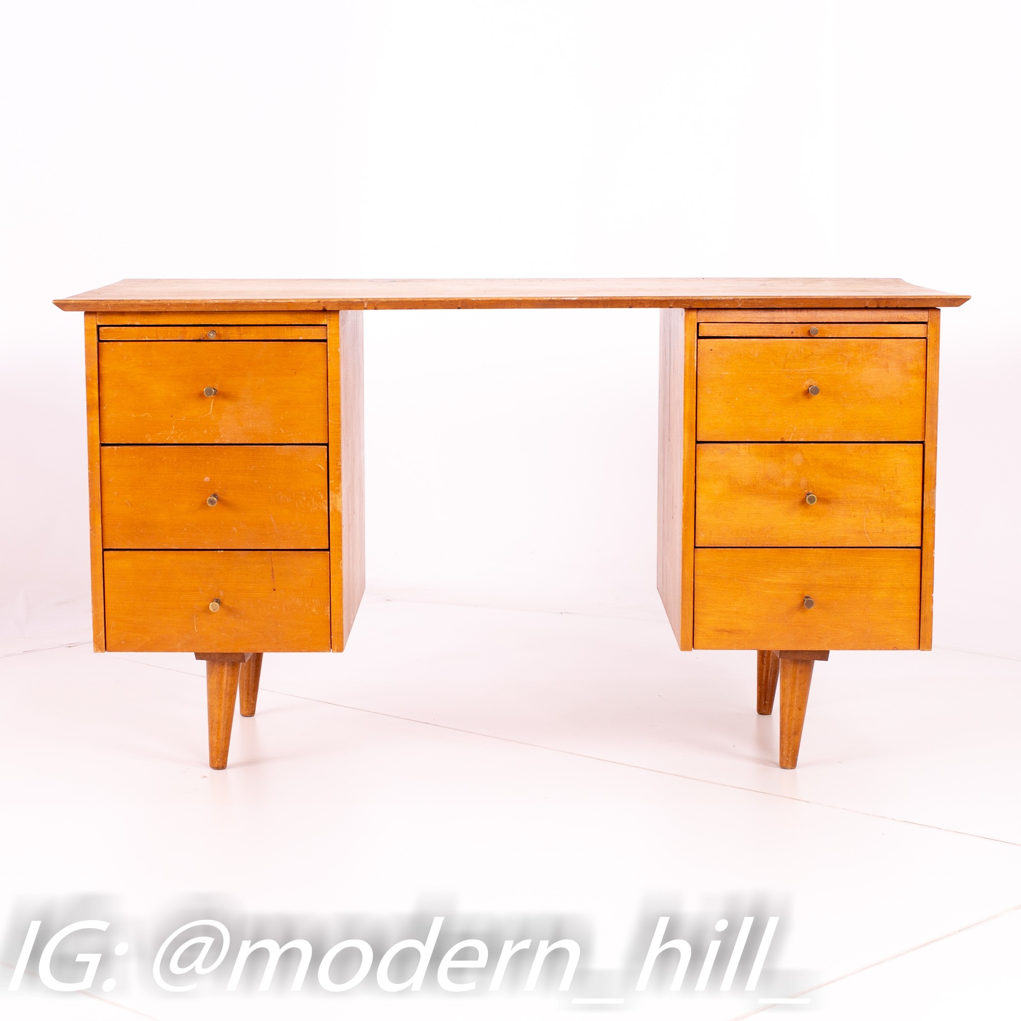 Restored Paul Mccobb for Planner Group Mid Century Blonde 6 Drawer Solid Wood Desk