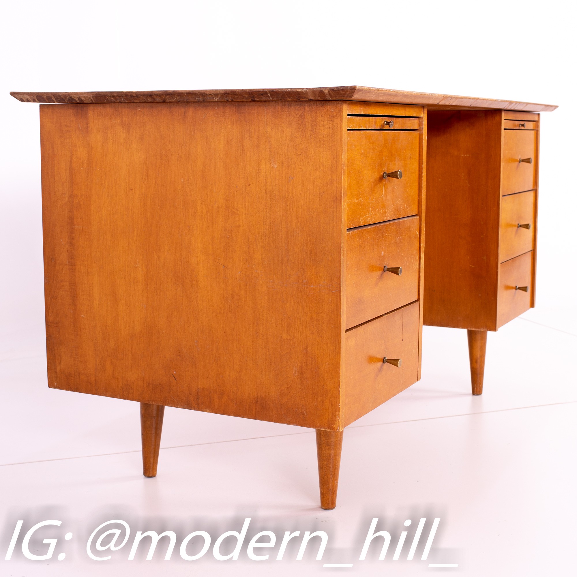 Restored Paul Mccobb for Planner Group Mid Century Blonde 6 Drawer Solid Wood Desk