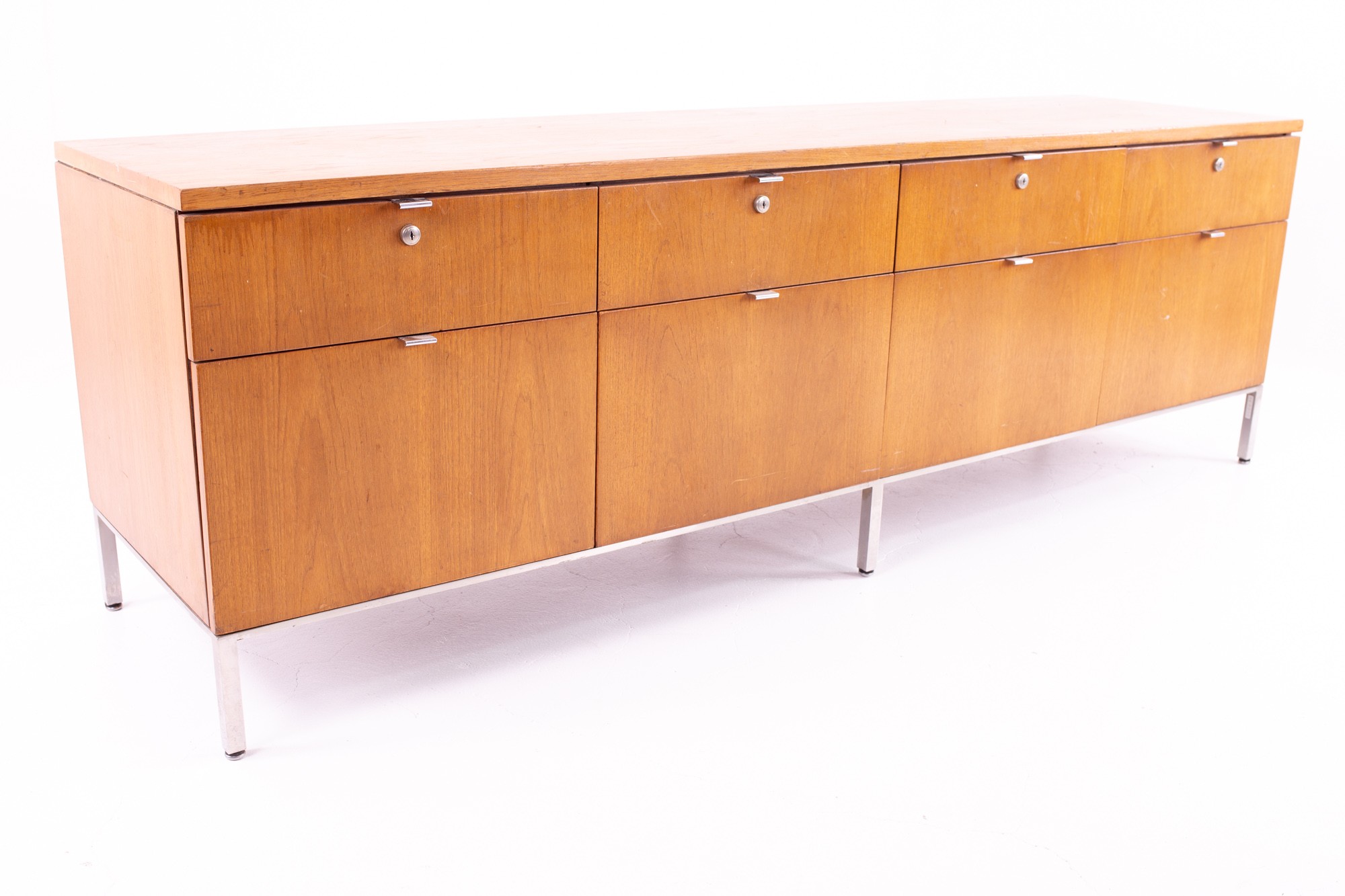 Florence Knoll Style Mid Century Long Walnut and Chrome Sideboard Credenza Filing Cabinet