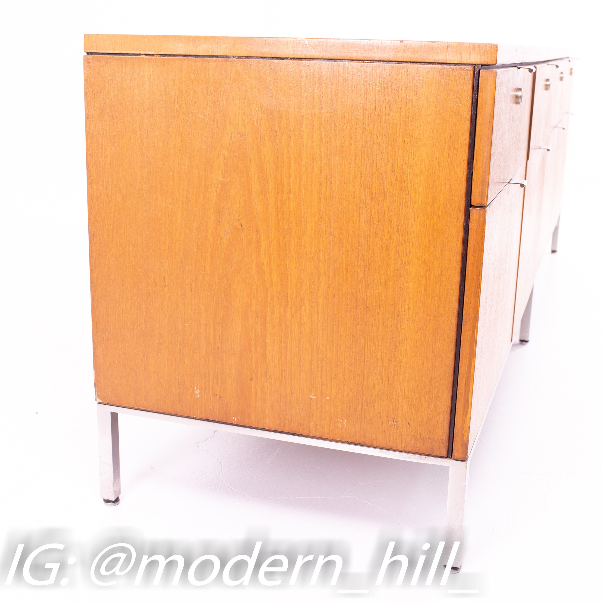 Florence Knoll Style Mid Century Long Walnut and Chrome Sideboard Credenza Filing Cabinet