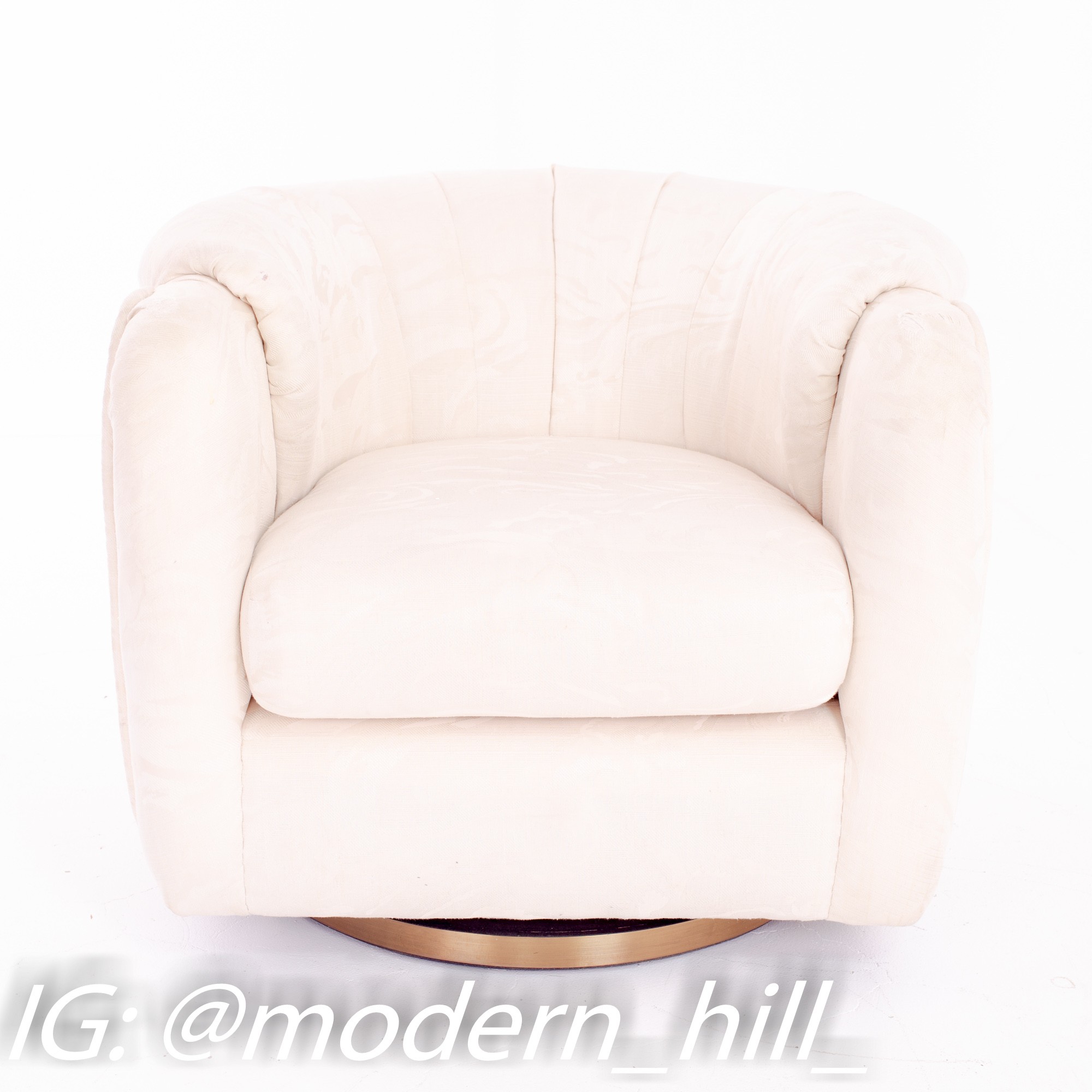 Milo Baughman Style Mid Century Brass Barrel Swivel Lounge Chairs - Pair