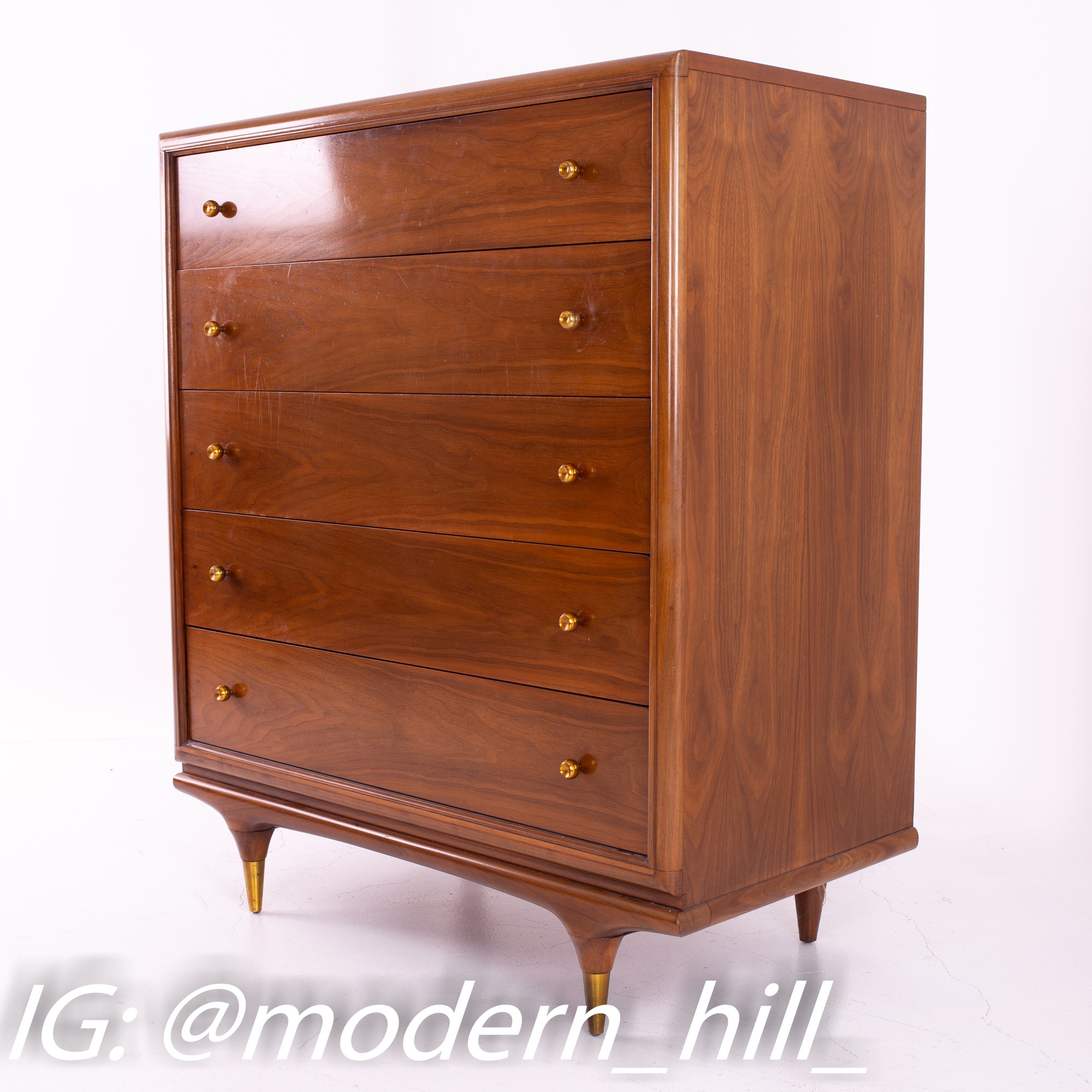 Kent Coffey The Continental Mid Century Walnut and Brass 5 Drawer Highboy Dresser | Mid Century Modern Furniture | Modern Hill Kent Coffey The Continental Mid Century Walnut and Brass 5 Drawer Highboy Dresser | Mid Century Modern Furniture | Modern Hill