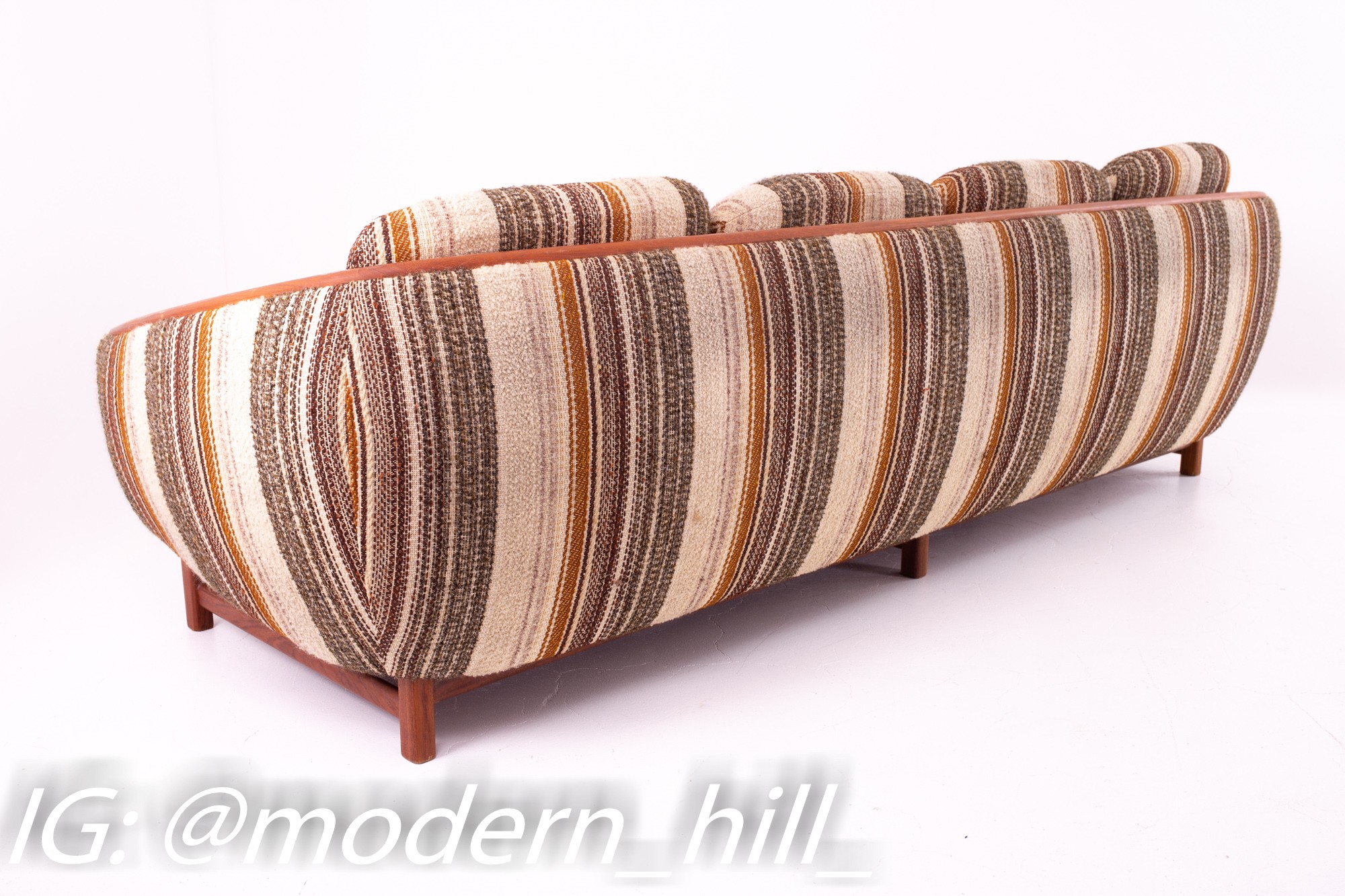R Huber Mid Century 70's Pattern Wool Fabric Teak Barrel 4 Seater Sofa