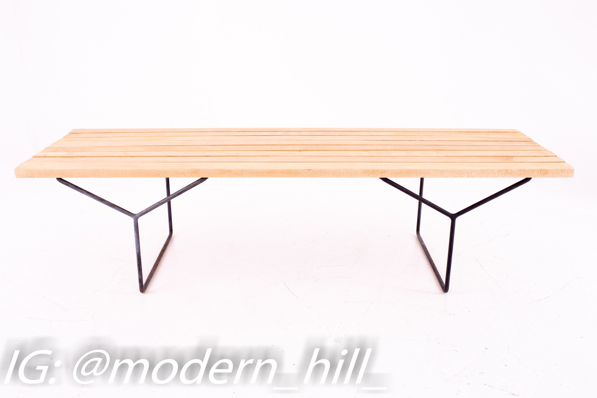 Restored Harry Bertoia for Knoll Mid Century Maple Slat Bench with Wrought Iron Legs