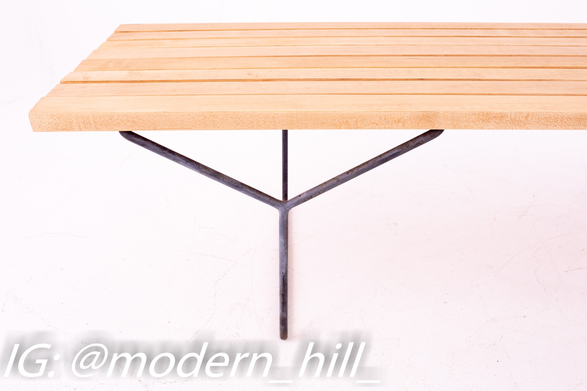 Restored Harry Bertoia for Knoll Mid Century Maple Slat Bench with Wrought Iron Legs