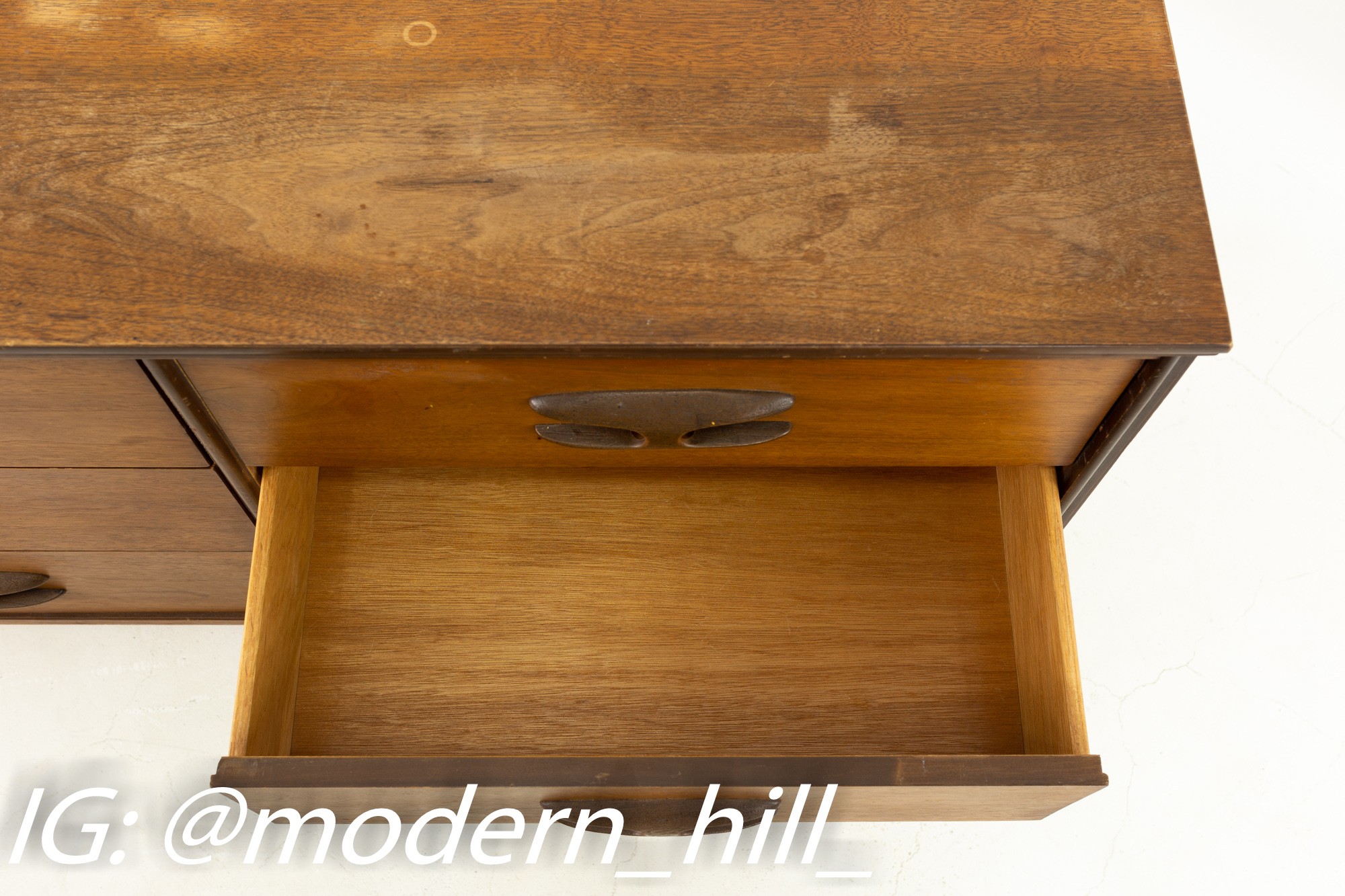Brasilia Style Bassett Mid Century Walnut 9 Drawer Lowboy Dresser