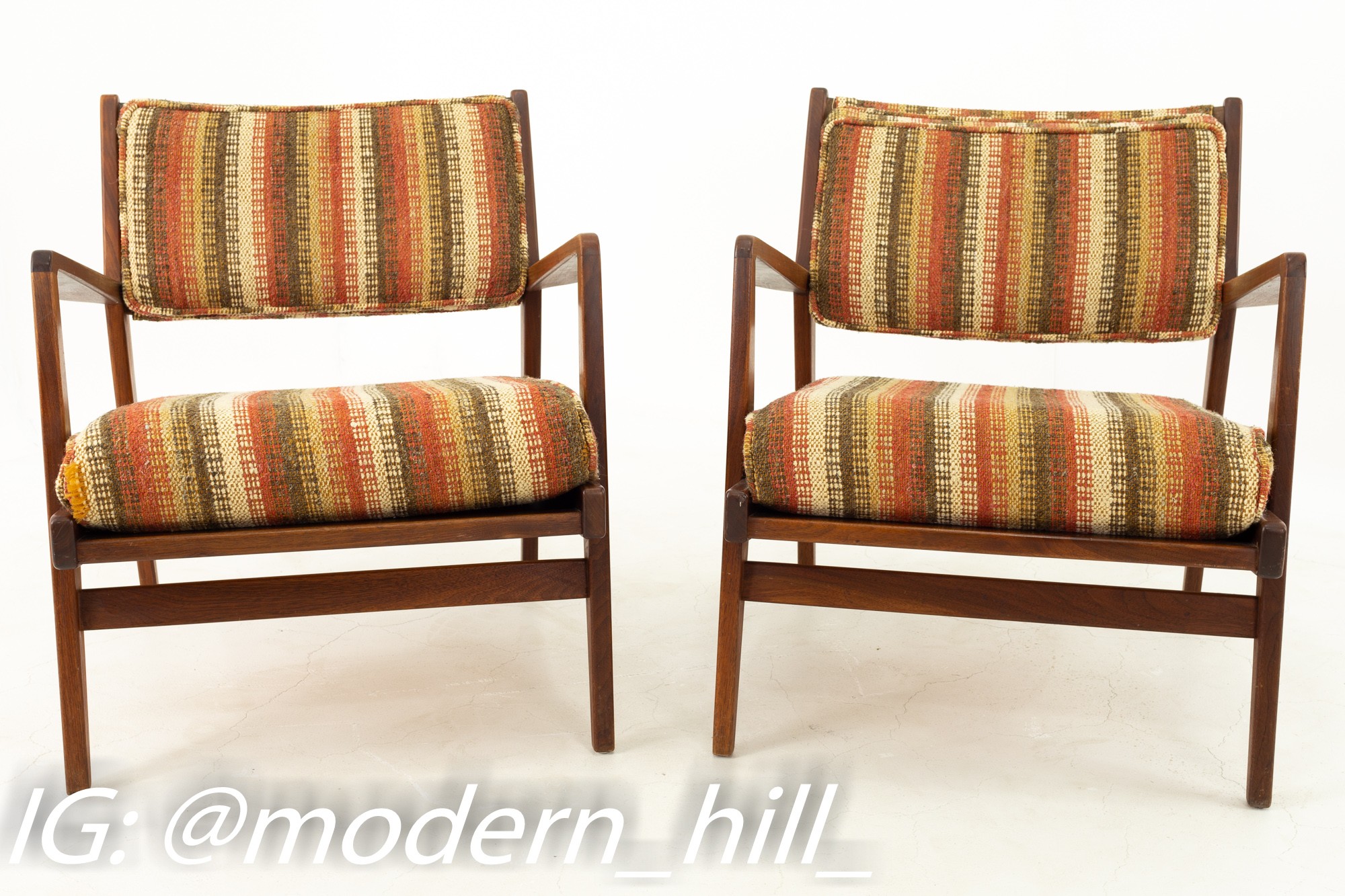 Jens Risom Danish Mid Century Upholstered Back Walnut Lounge Chairs - Pair