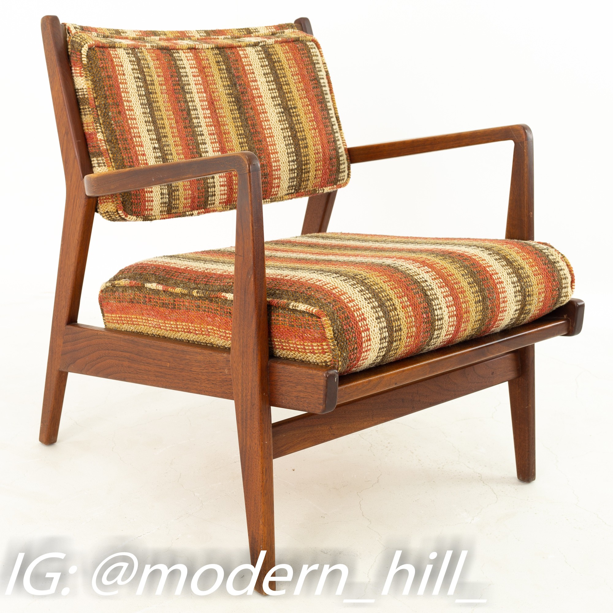Jens Risom Danish Mid Century Upholstered Back Walnut Lounge Chairs - Pair
