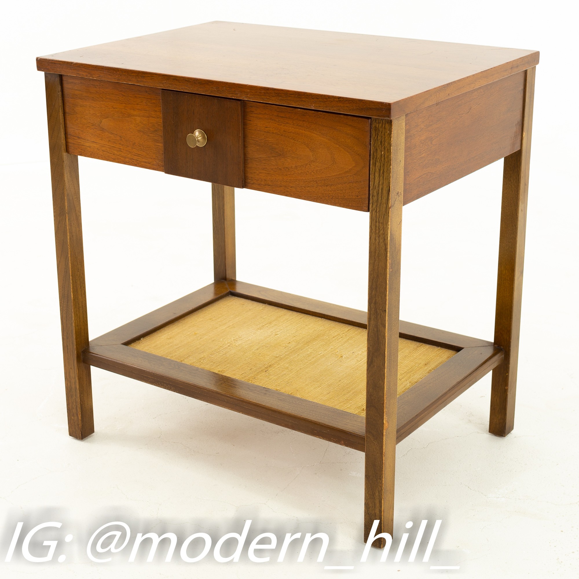Paul Mccobb Style Mid Century Walnut Brass and Grasscloth Nightstand Side End Table