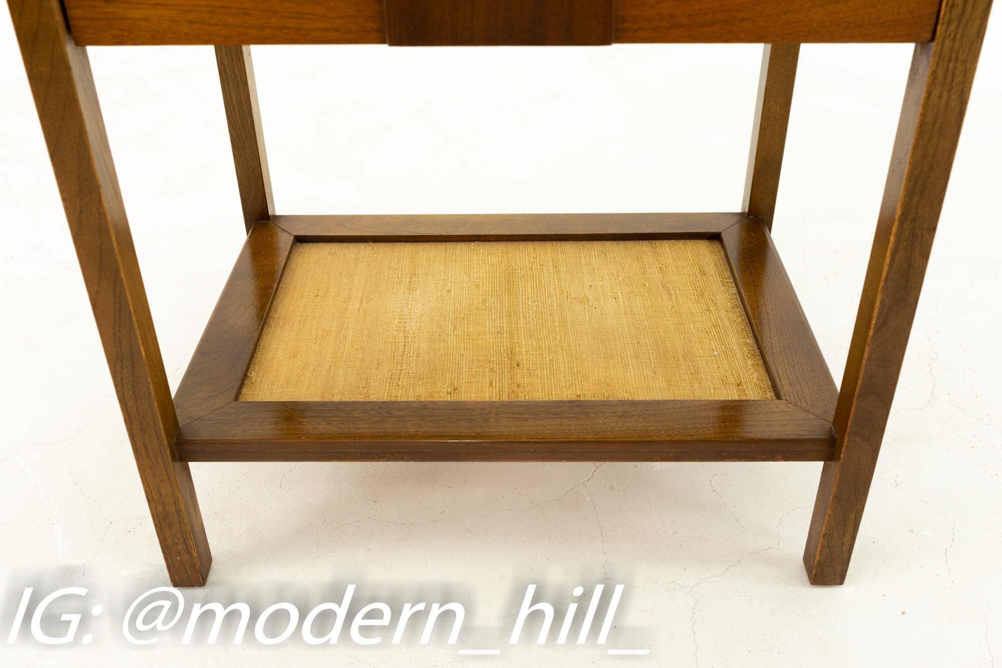 Paul Mccobb Style Mid Century Walnut Brass and Grasscloth Nightstand Side End Table