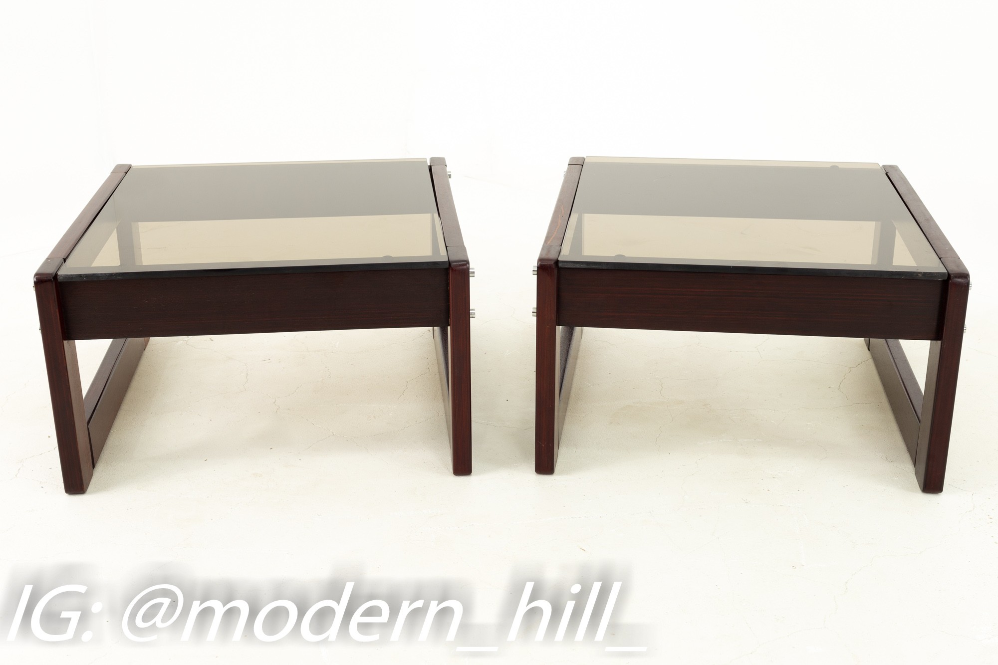 Percival Lafer Brazilian Mid Century Rosewood and Smoked Glass Side End Tables - Pair