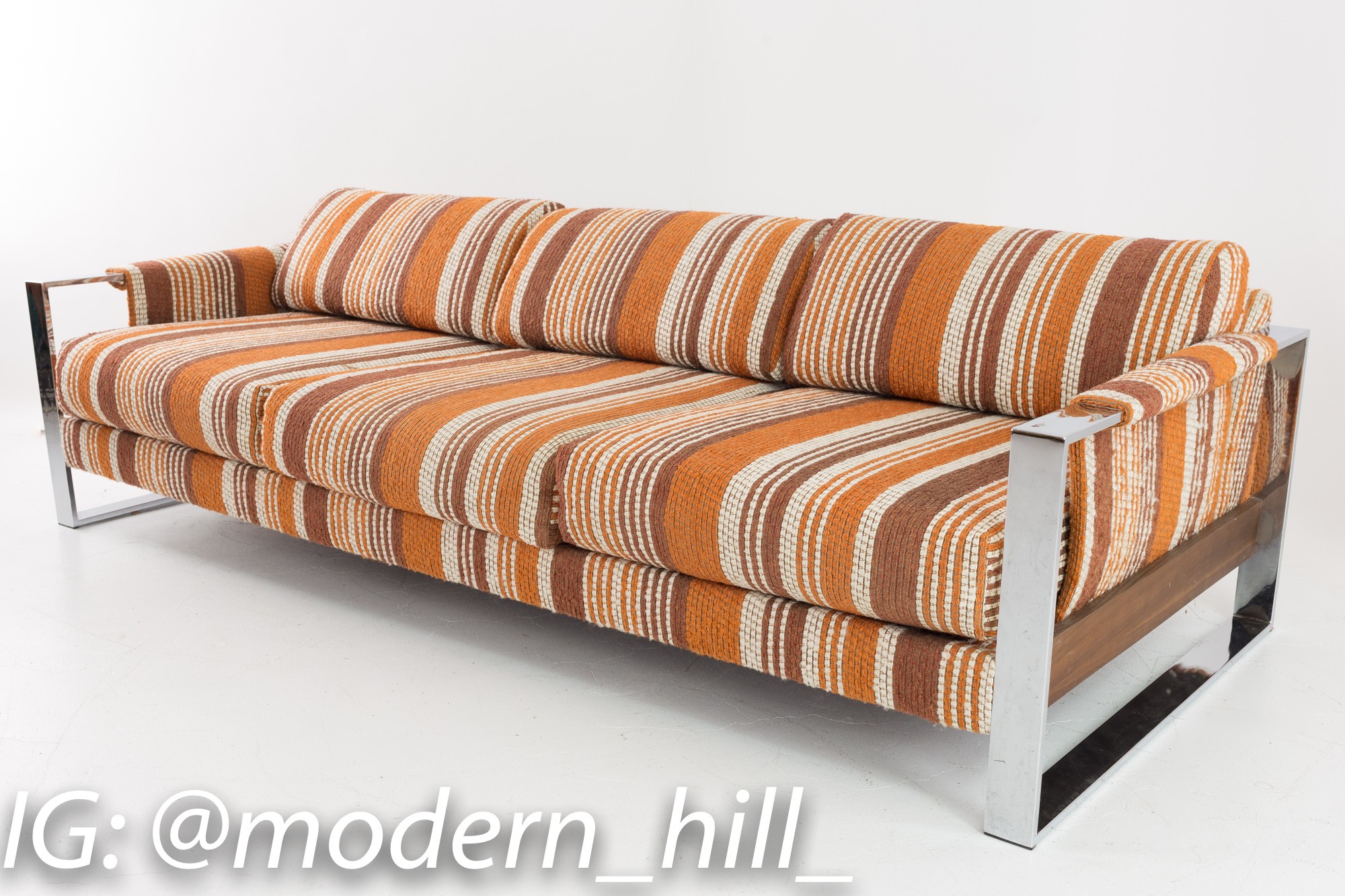 Adrian Pearsall for Craft Associates 70s Pattern Fabric Chrome and Wood Sofa and Loveseat