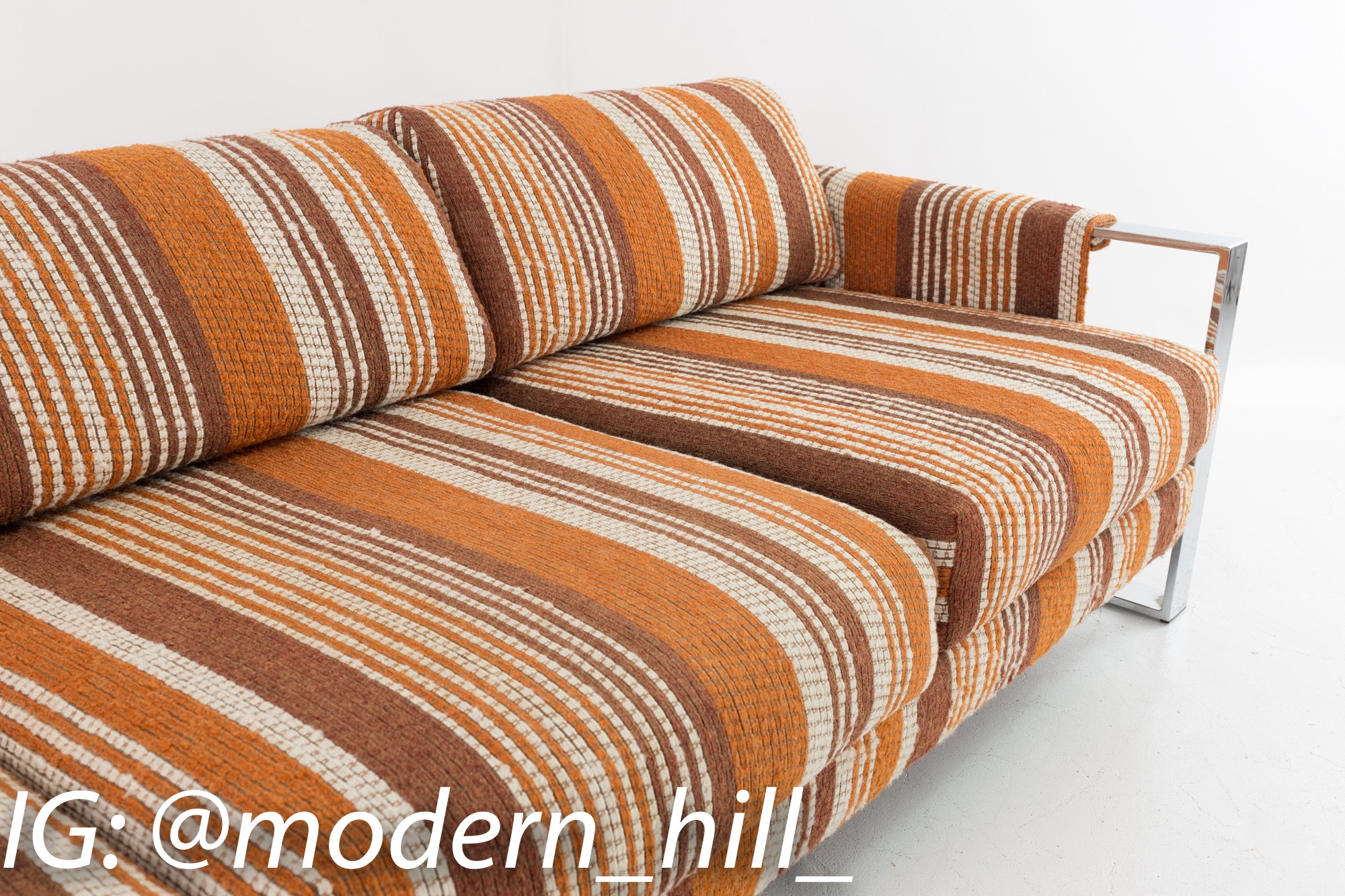 Adrian Pearsall for Craft Associates 70s Pattern Fabric Chrome and Wood Sofa and Loveseat