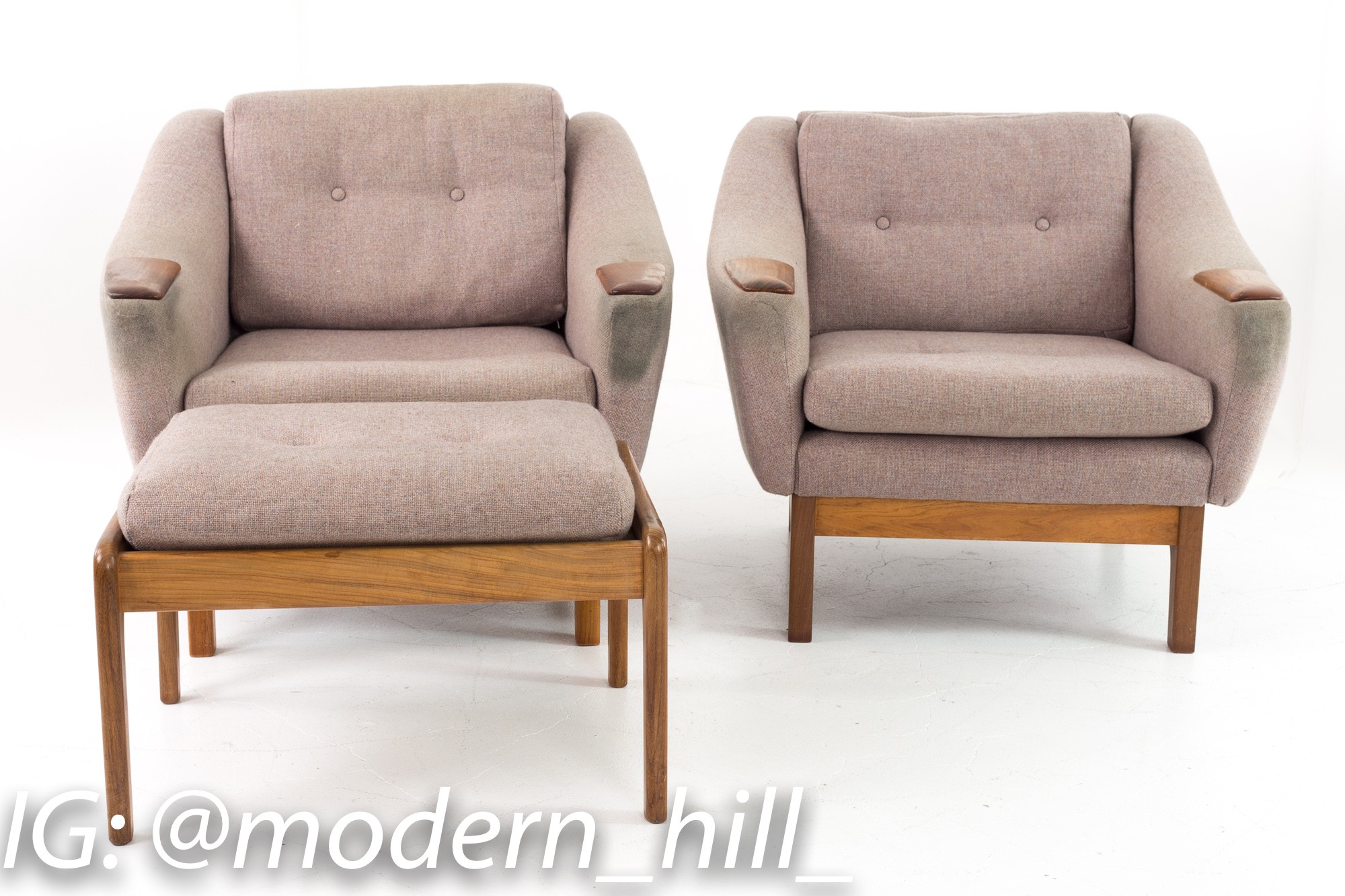 Folke Ohlsson for Dux Teak Upholstered Lounge Chairs and Ottoman
