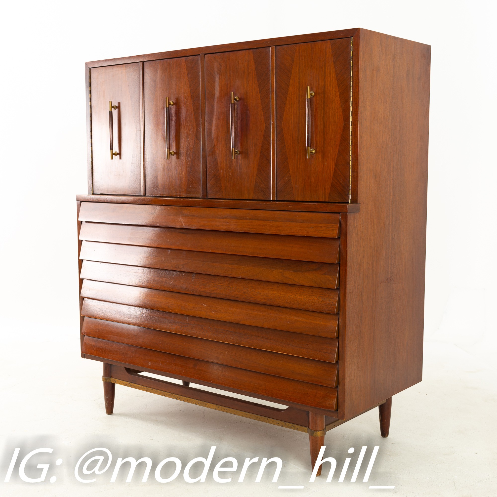 Merton Gershun for American of Martinsville Mid Century Walnut and Brass Louvered 7 Drawer Highboy Dresser