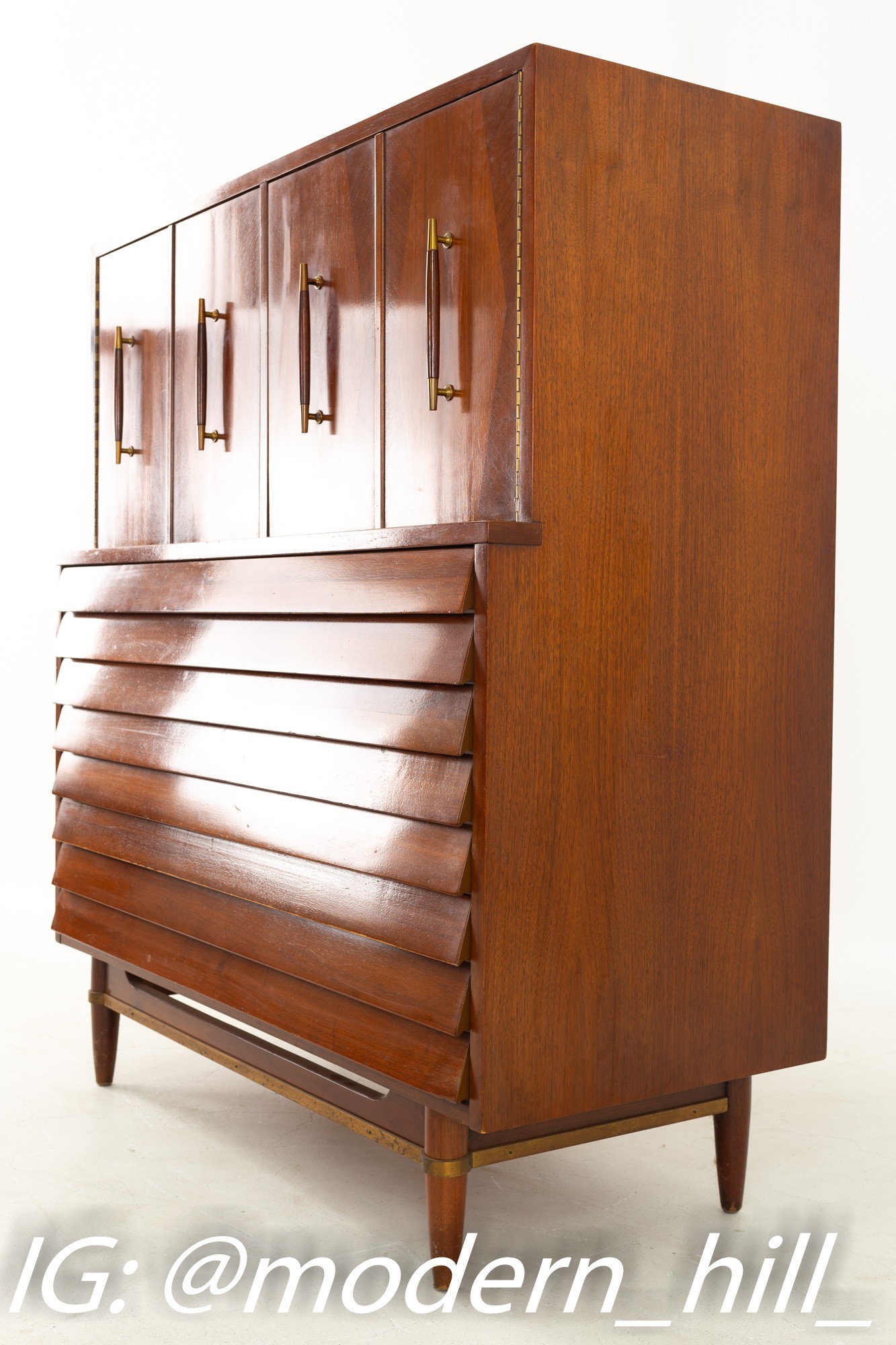 Merton Gershun for American of Martinsville Mid Century Walnut and Brass Louvered 7 Drawer Highboy Dresser
