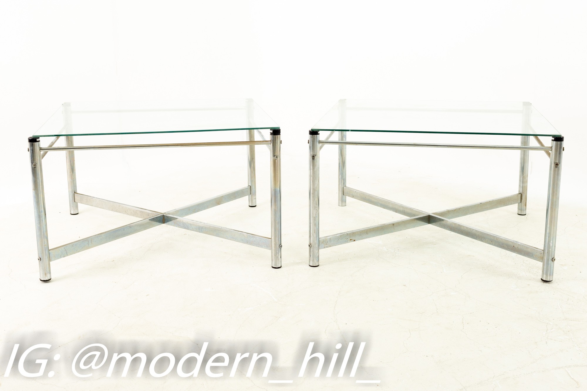 Milo Baughman Style Mid Century X Base Chrome and Glass Side End Tables - Pair