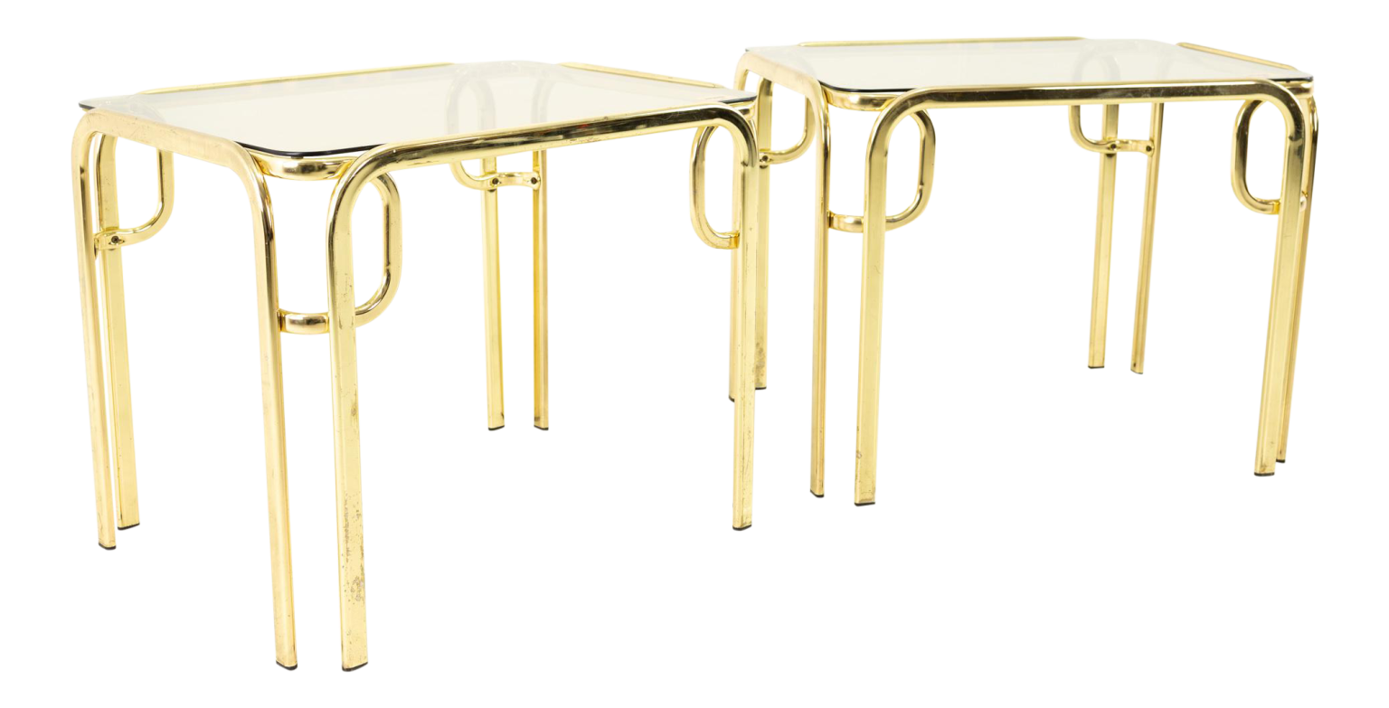 Morex Italian Mid Century Brass and Glass Side End Tables Pair Mid