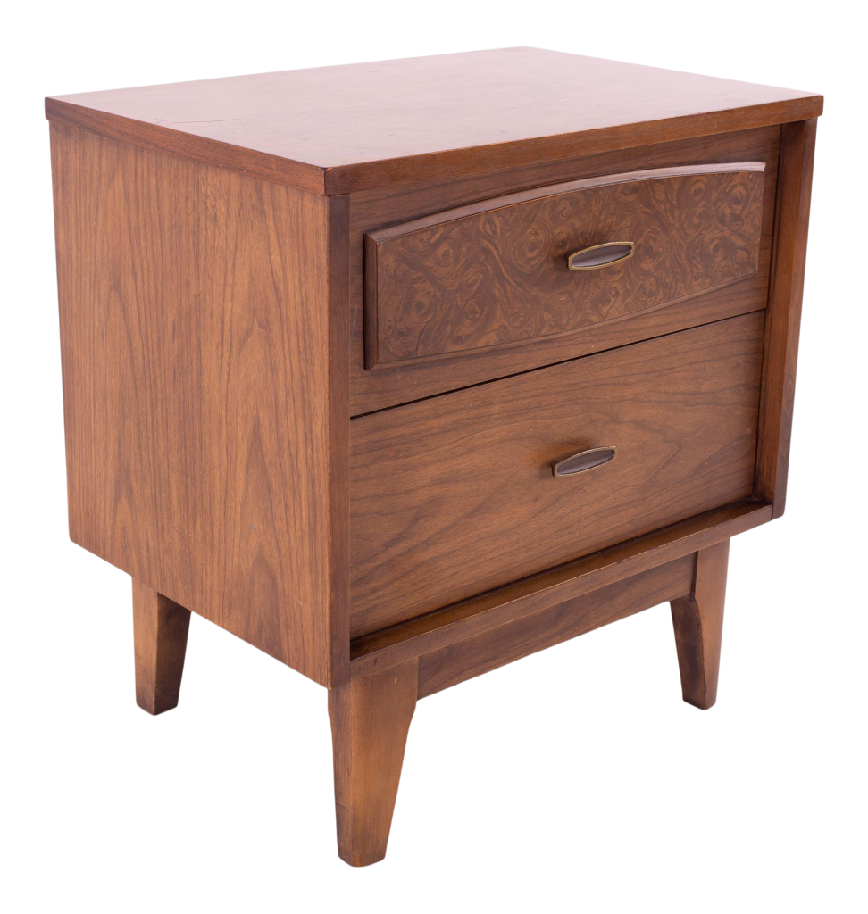 Lenoir House Burlwood Mid Century Brass and Walnut 2 Drawer Nightstand